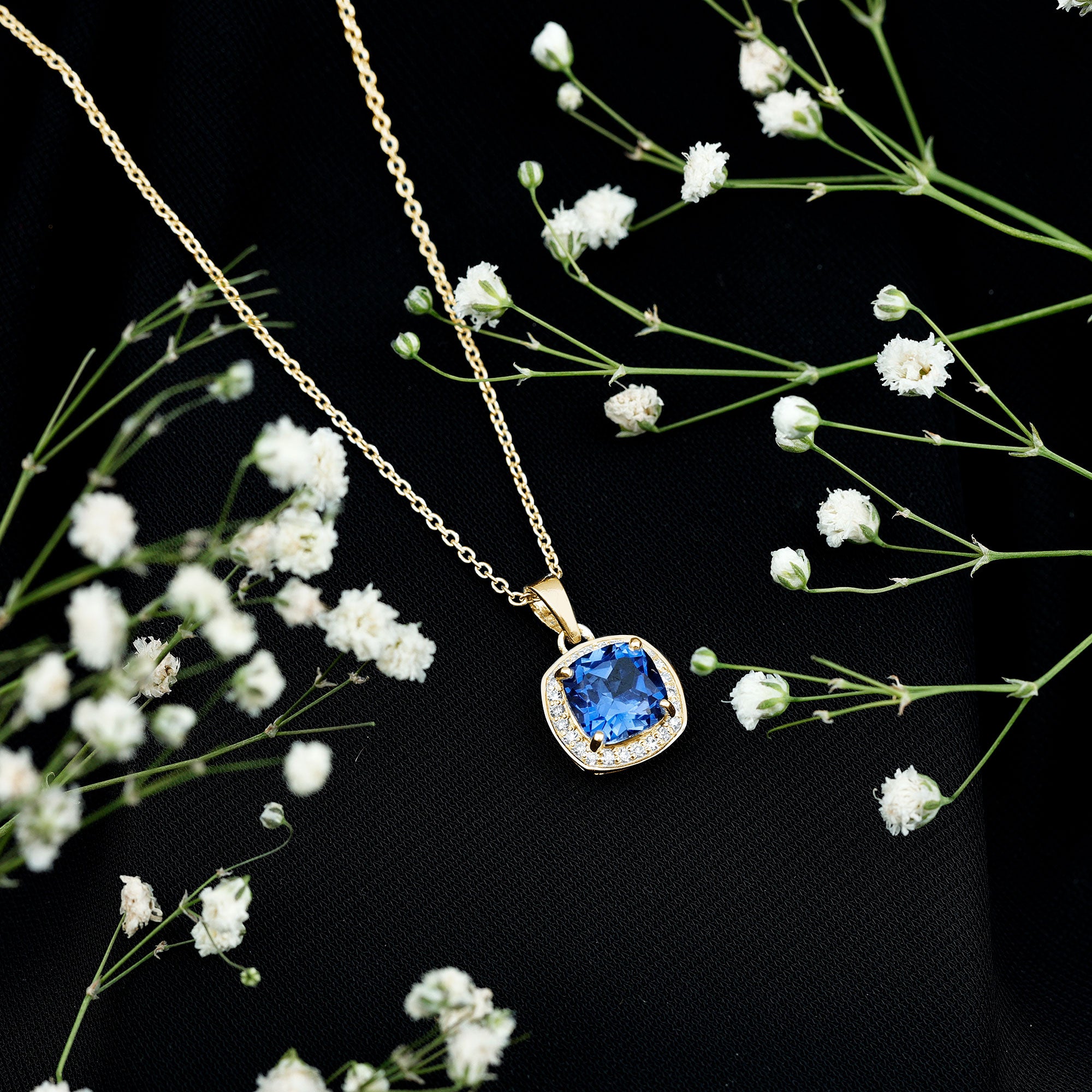 2.7 Carat Cushion Cut Lab Created Blue Sapphire and Diamond Halo Pendant AAAA - Rosec Jewels