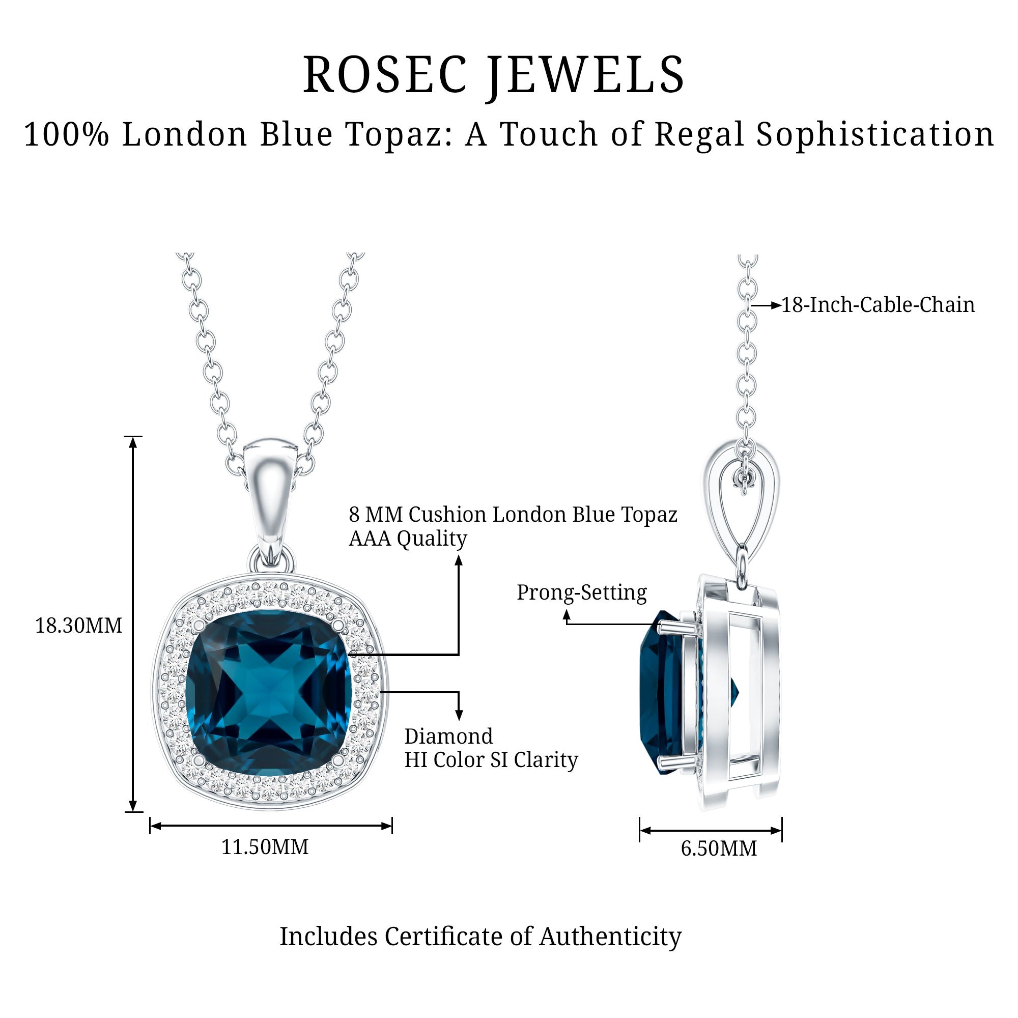 Cushion Cut 2.8 Carat London Blue Topaz Pendant with Diamond Halo AAA - Rosec Jewels