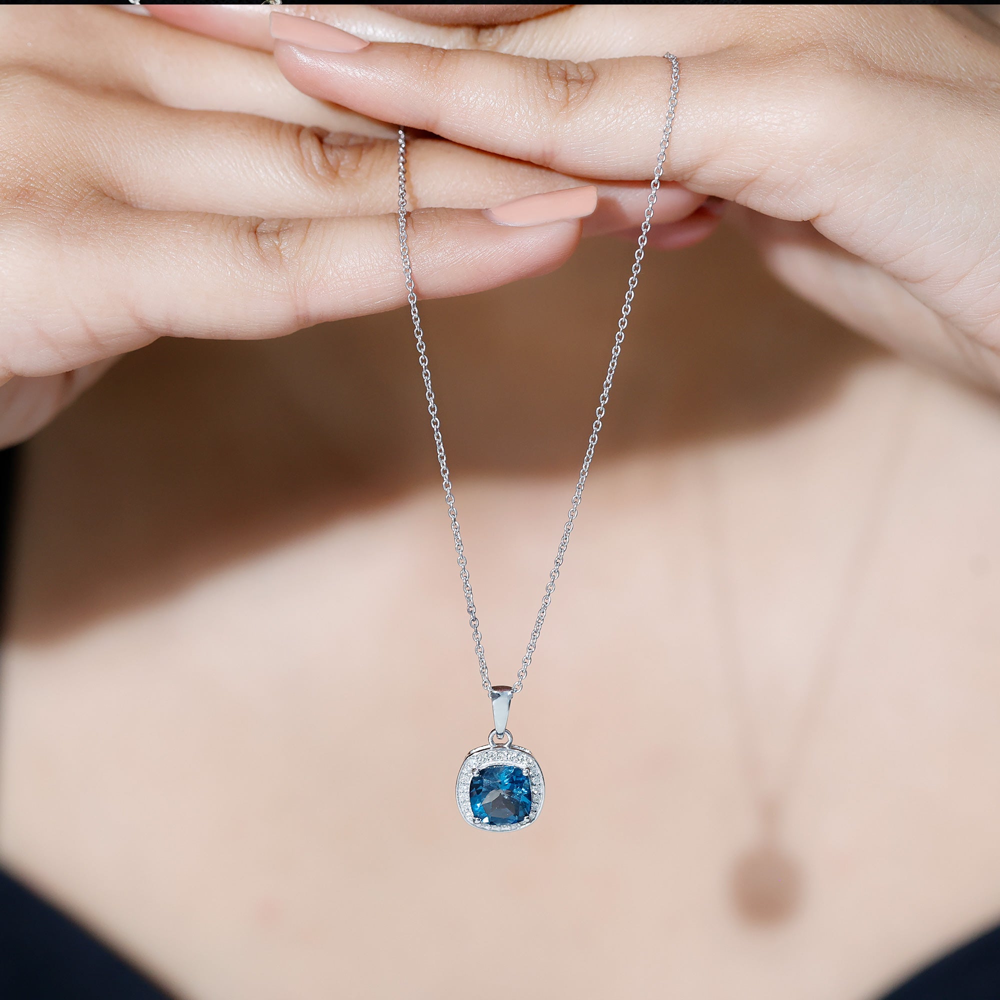 Cushion Cut 2.8 Carat London Blue Topaz Pendant with Diamond Halo AAA - Rosec Jewels