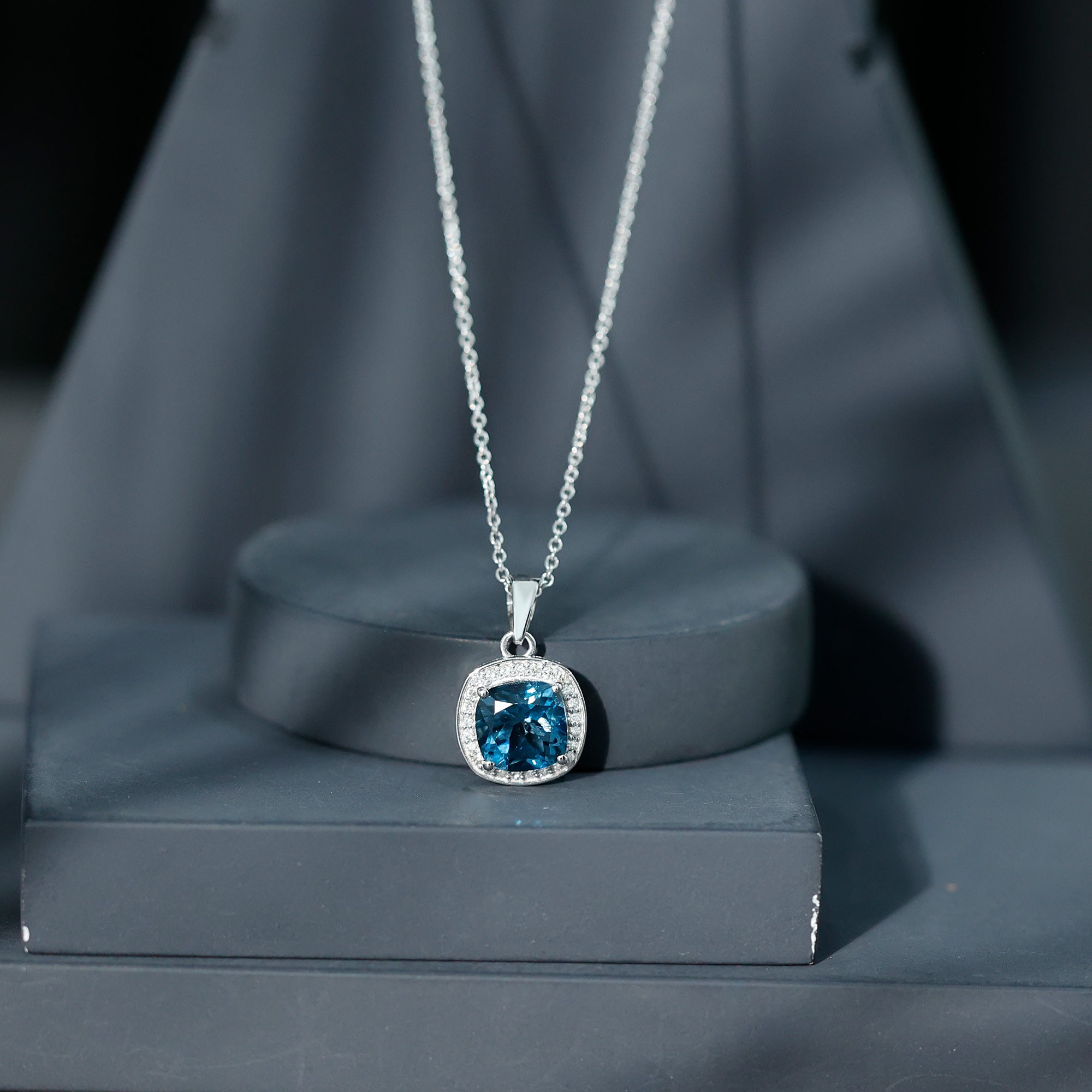 Cushion Cut 2.8 Carat London Blue Topaz Pendant with Diamond Halo AAA - Rosec Jewels