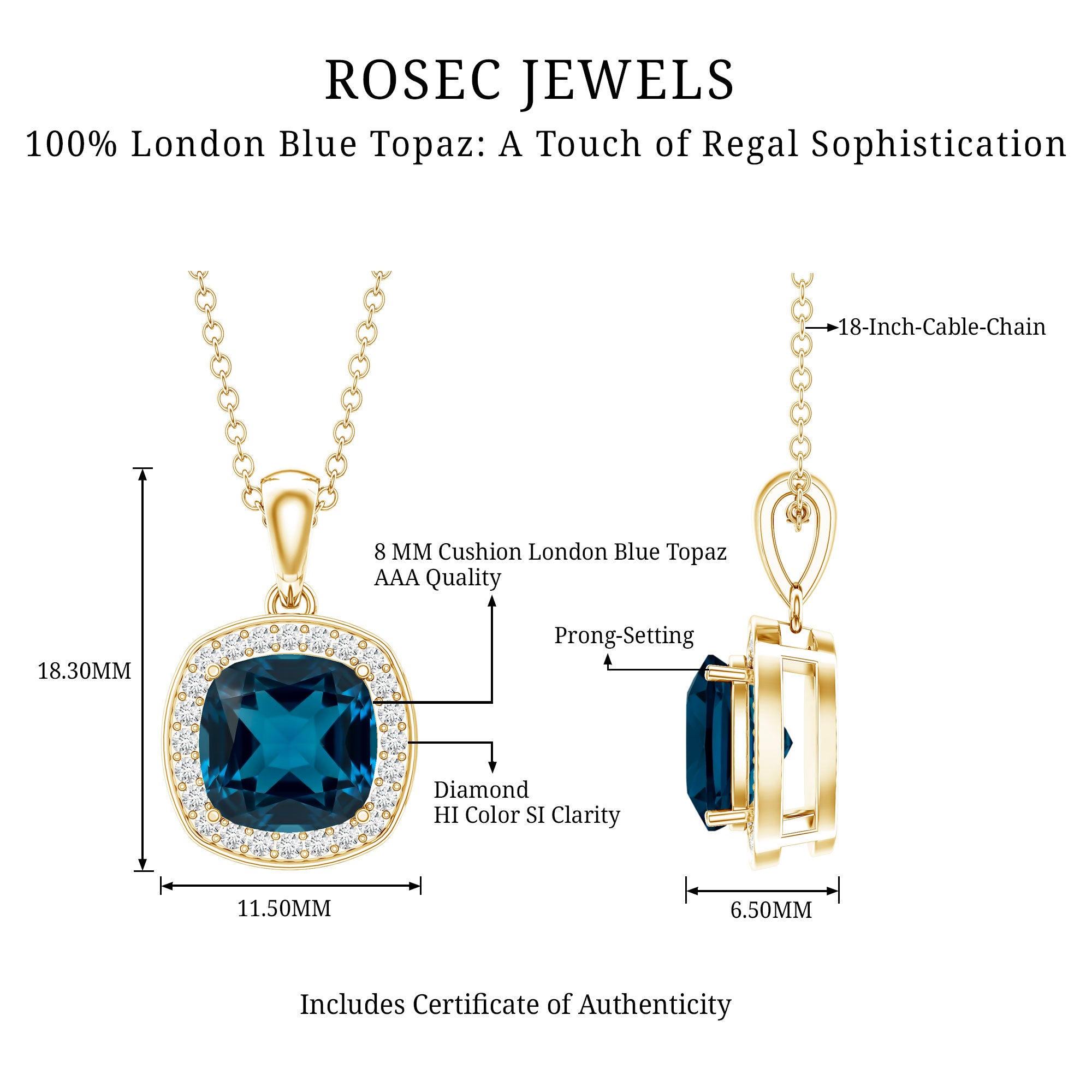 Cushion Cut 2.8 Carat London Blue Topaz Pendant with Diamond Halo AAA - Rosec Jewels