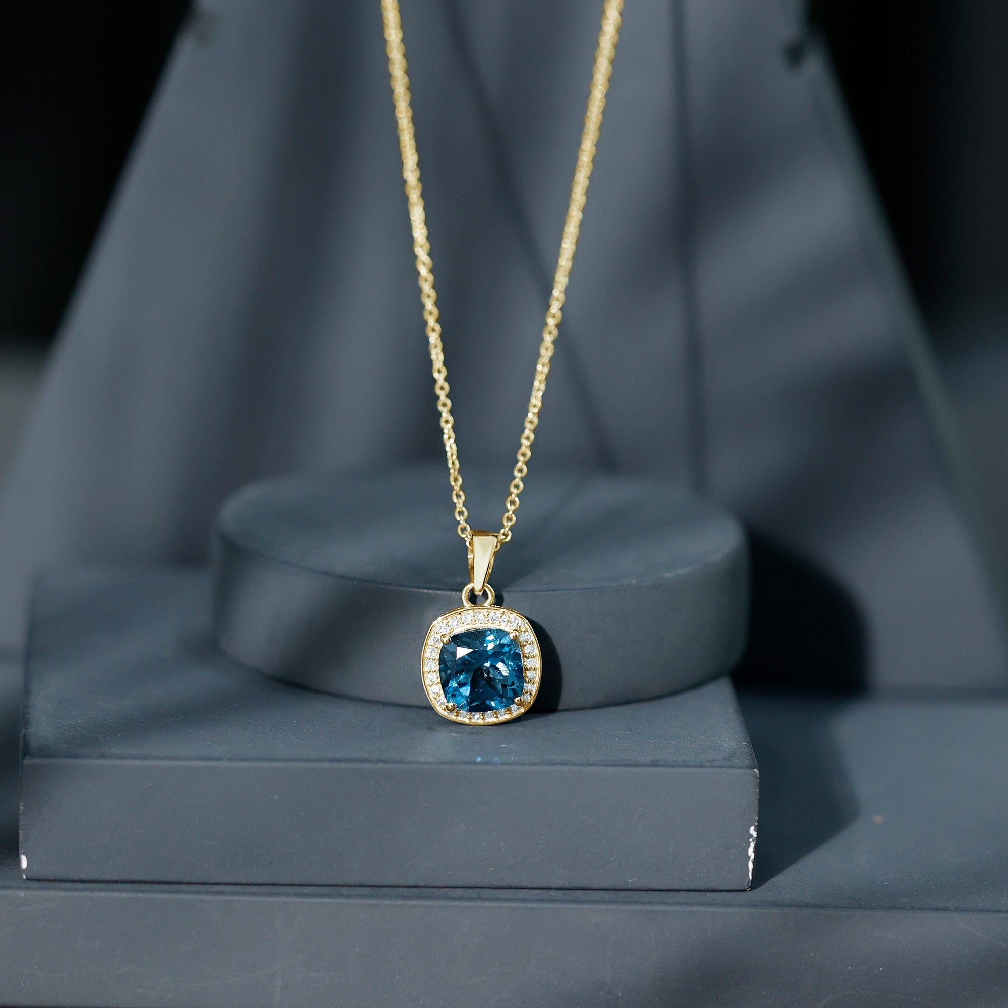 Cushion Cut 2.8 Carat London Blue Topaz Pendant with Diamond Halo AAA - Rosec Jewels