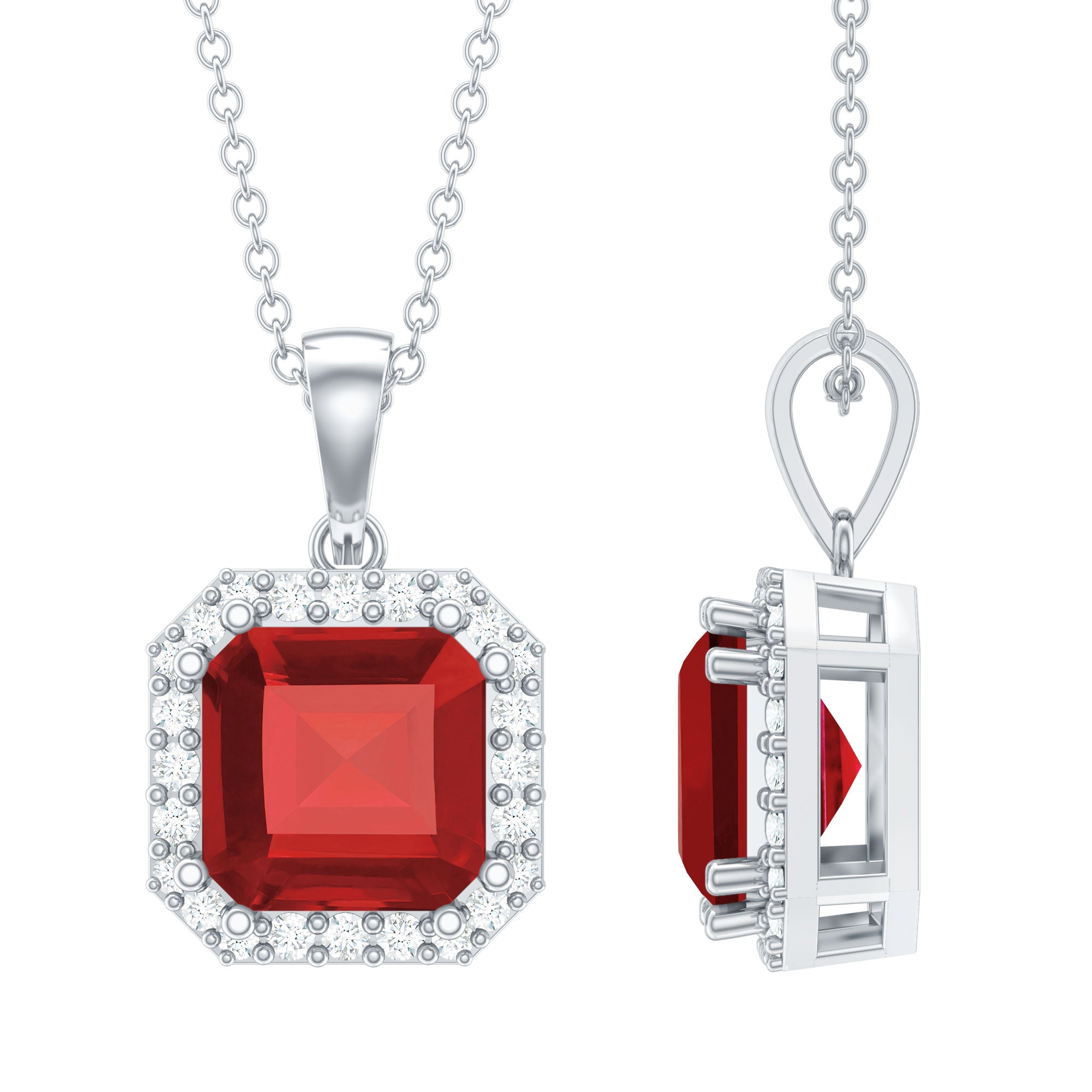 Asscher Cut Created Ruby Bridal Halo Pendant With Moissanite