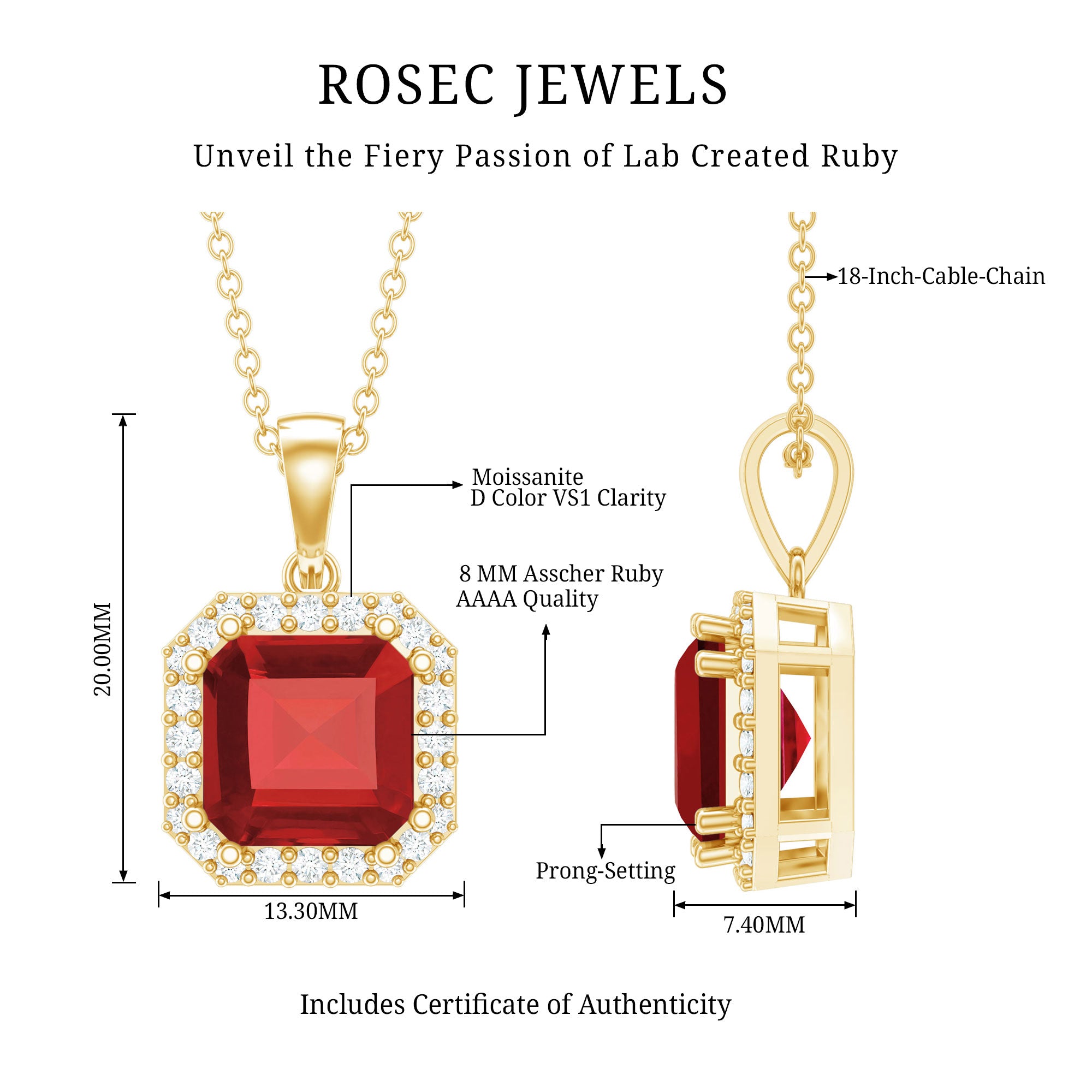4.8 Carat Asscher Cut Lab Grown Ruby Necklace With Diamond AAAA - Rosec Jewels
