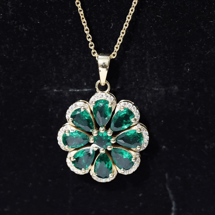 Womens Lab Grown Emerald Flower Necklace with Chain AAAA - Rosec Jewels