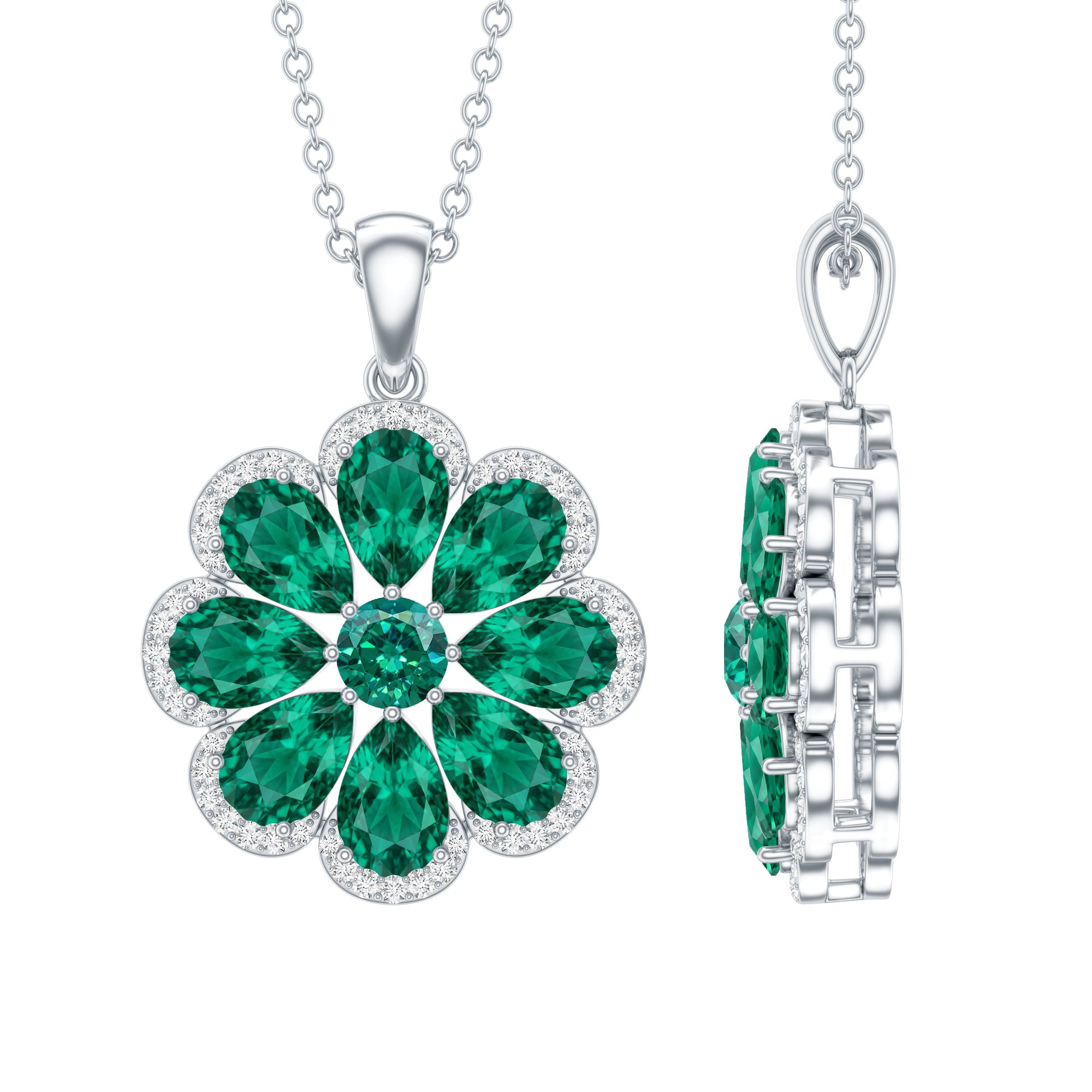 Womens Lab Grown Emerald Flower Necklace with Chain AAAA - Rosec Jewels