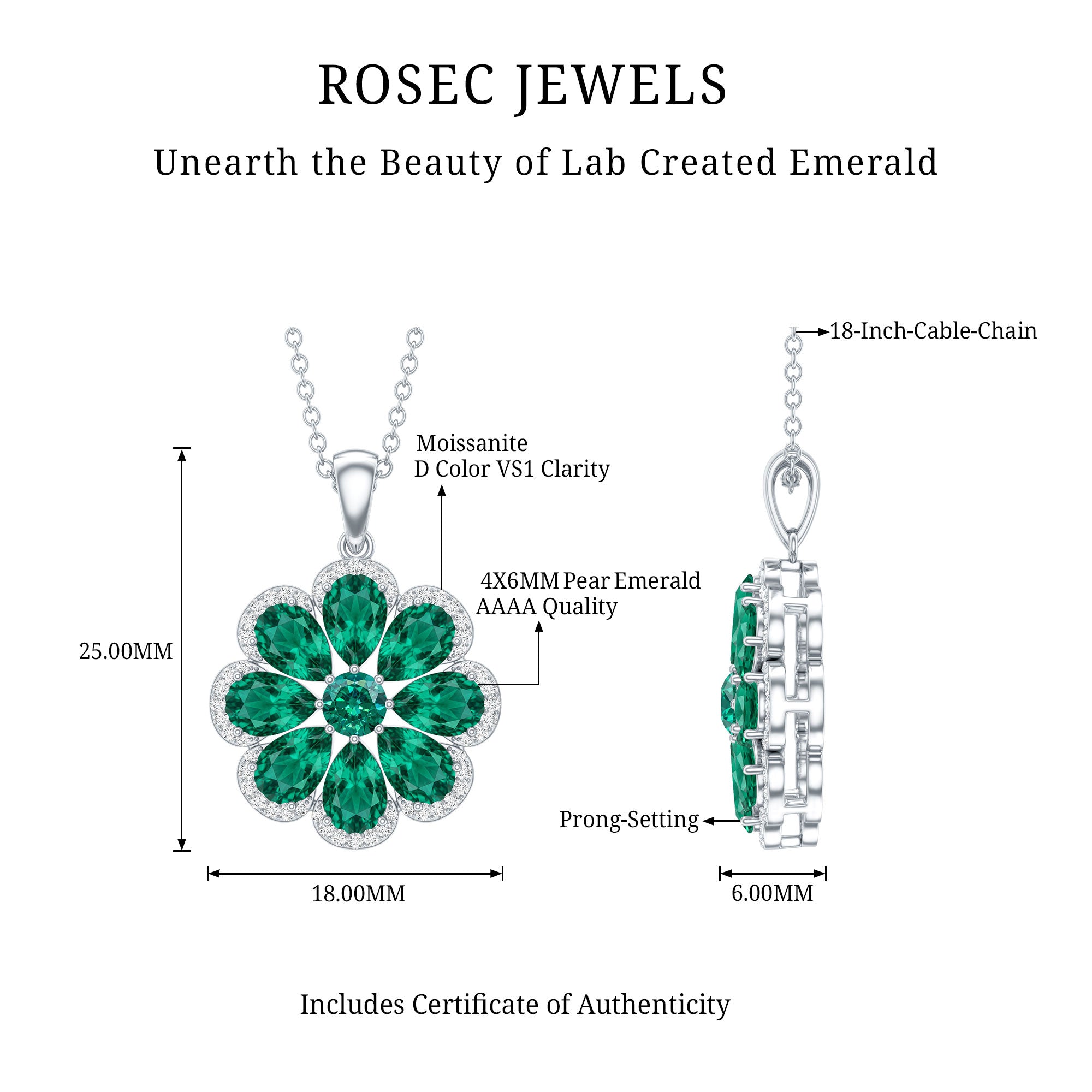 Womens Lab Grown Emerald Flower Necklace with Chain AAAA - Rosec Jewels