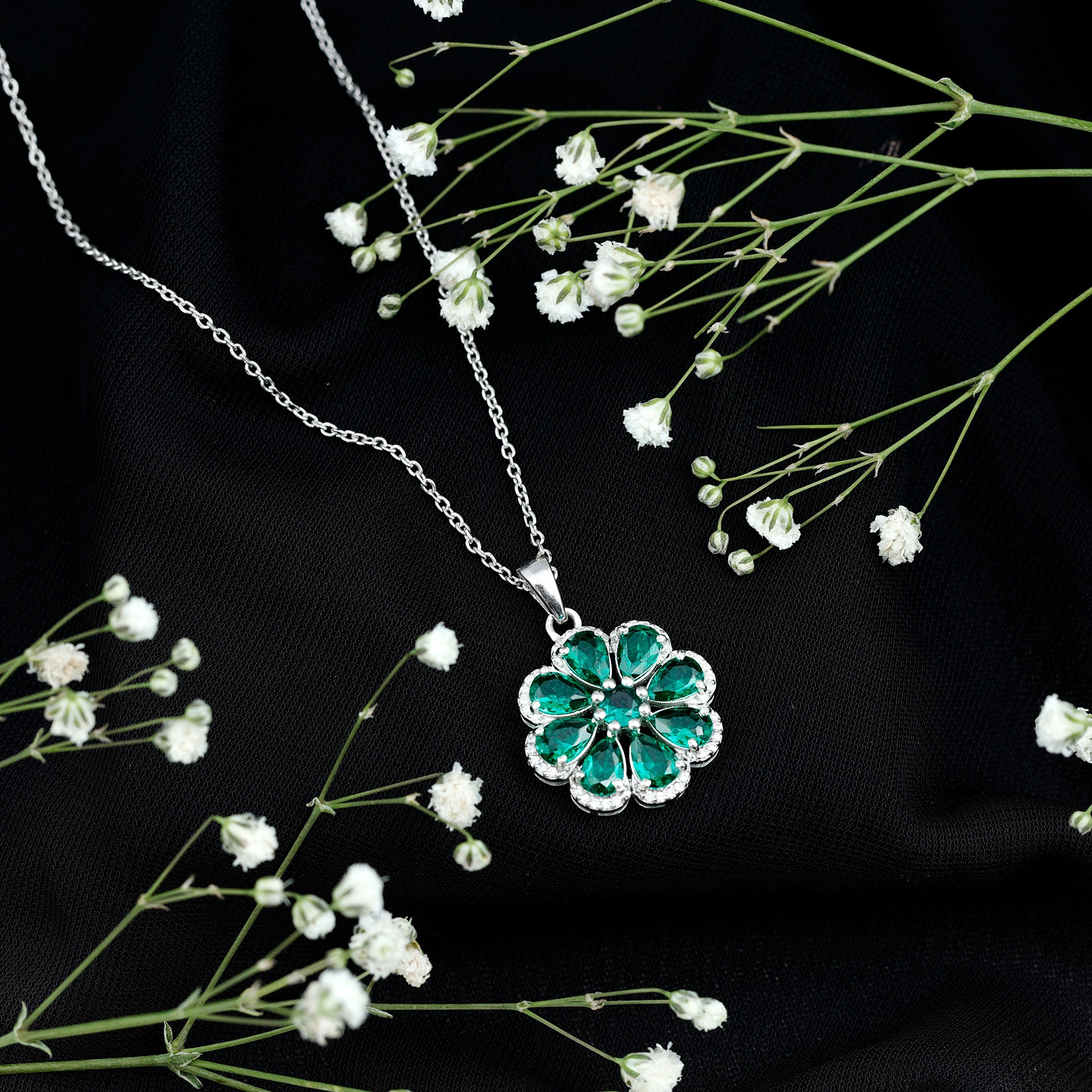 Womens Lab Grown Emerald Flower Necklace with Chain AAAA - Rosec Jewels