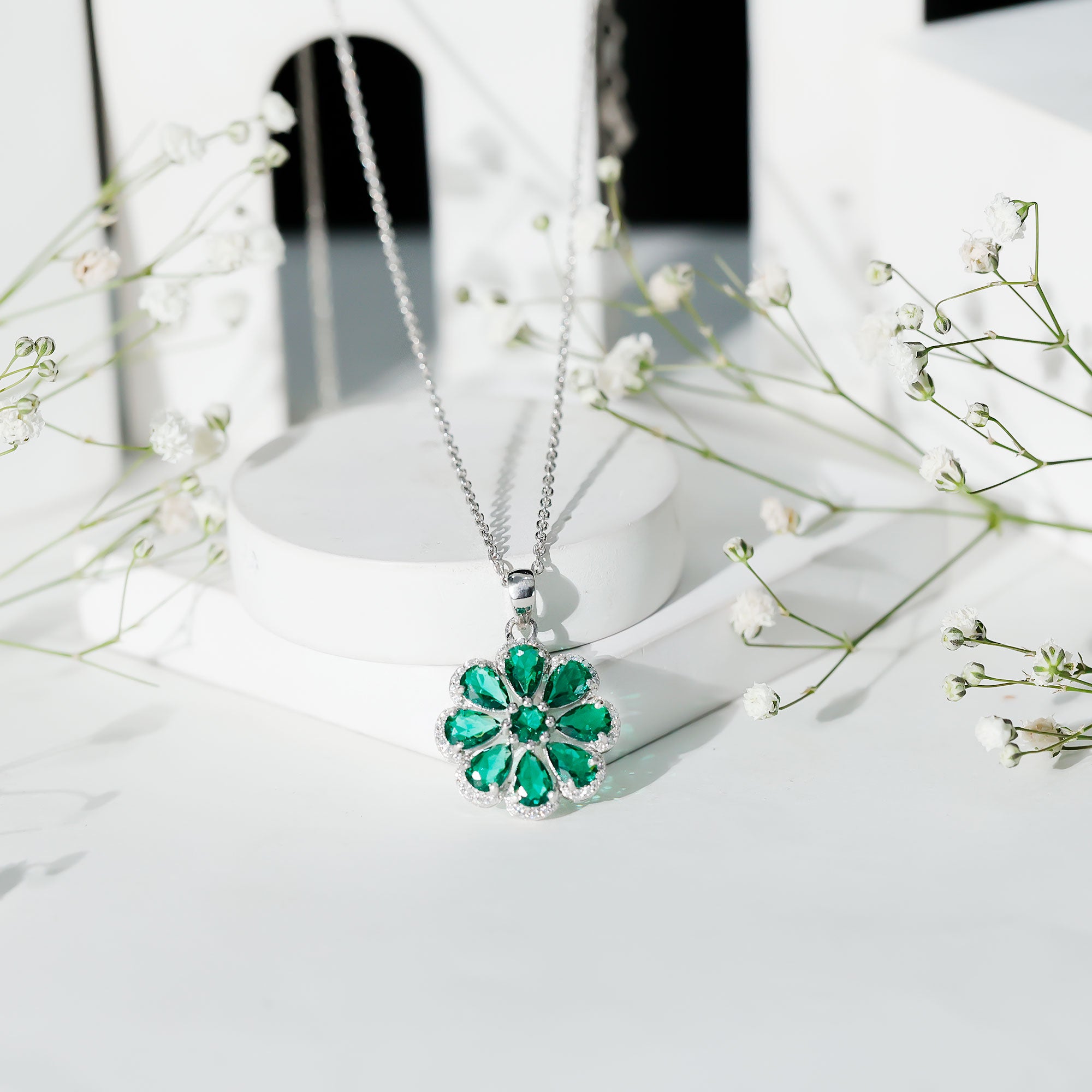Womens Lab Grown Emerald Flower Necklace with Chain AAAA - Rosec Jewels