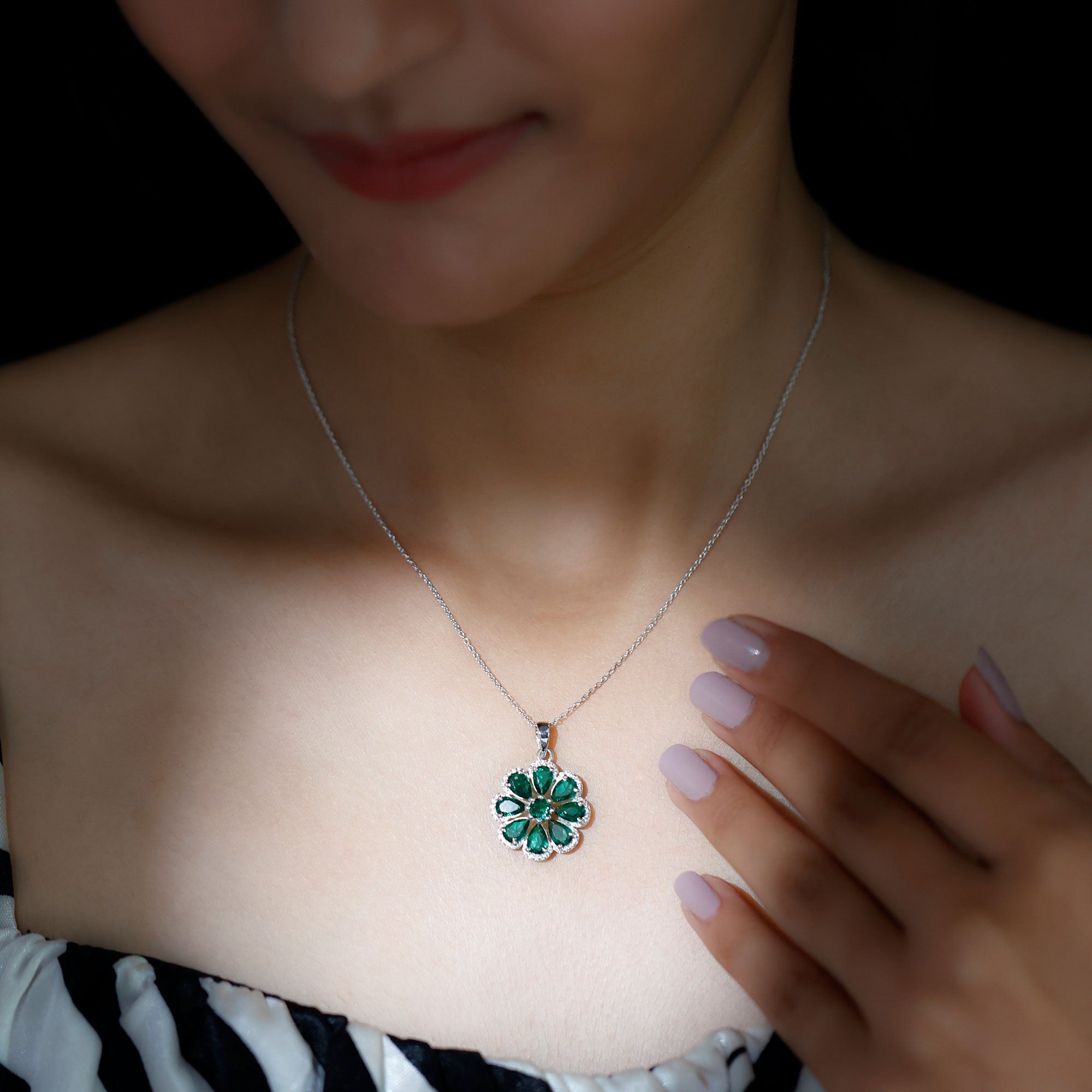 Womens Lab Grown Emerald Flower Necklace with Chain AAAA - Rosec Jewels