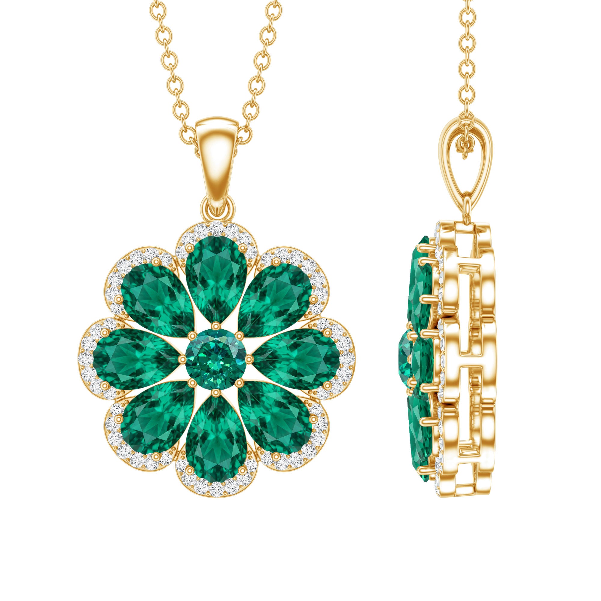 Womens Lab Grown Emerald Flower Necklace with Chain AAAA - Rosec Jewels