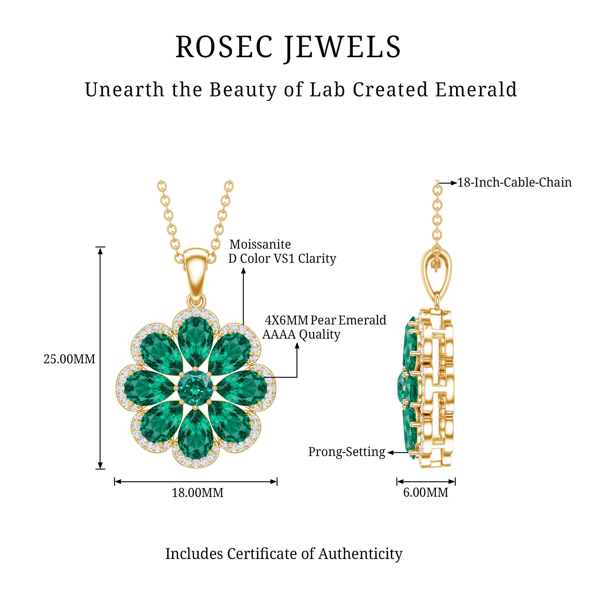 Womens Lab Grown Emerald Flower Necklace with Chain AAAA - Rosec Jewels