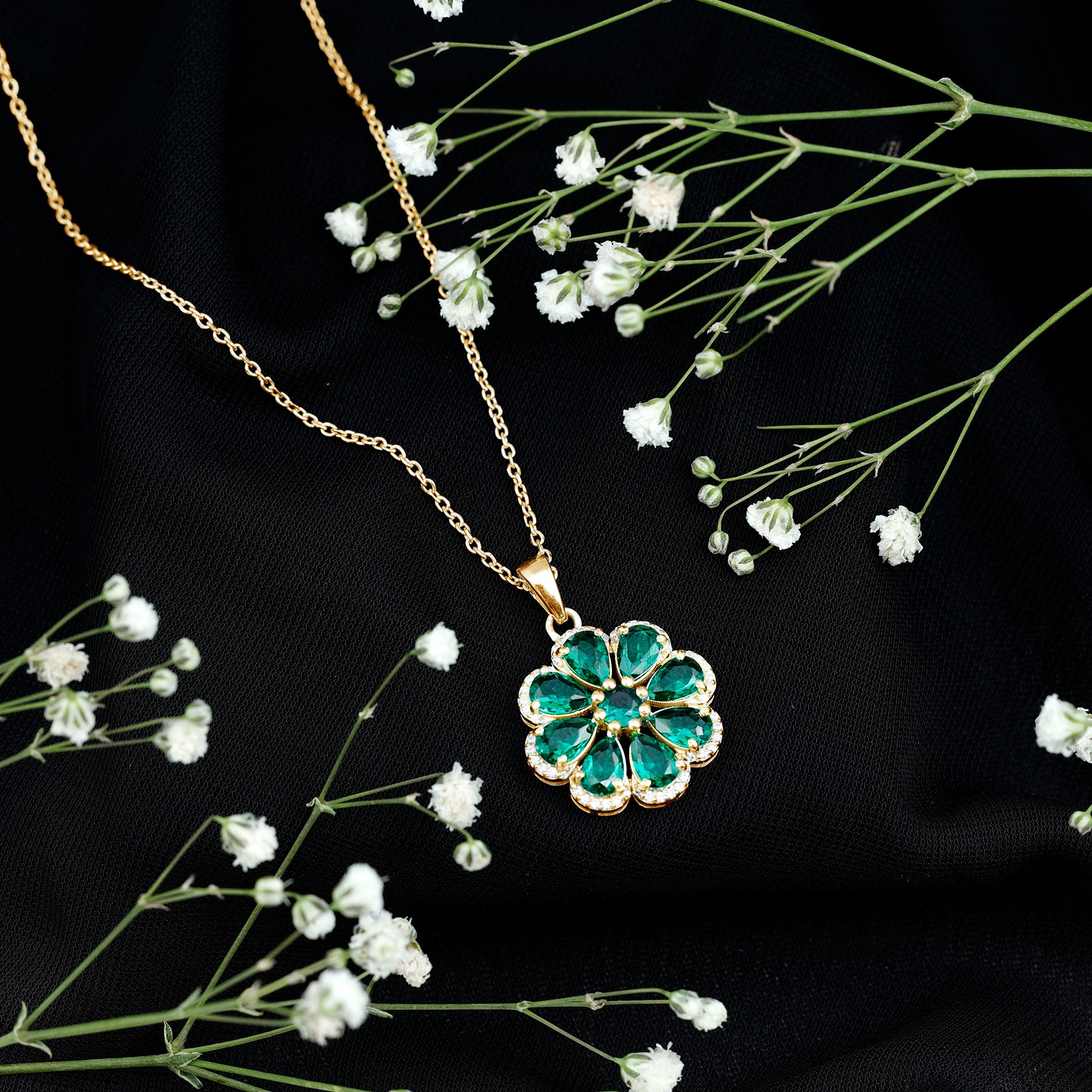 Womens Lab Grown Emerald Flower Necklace with Chain AAAA - Rosec Jewels