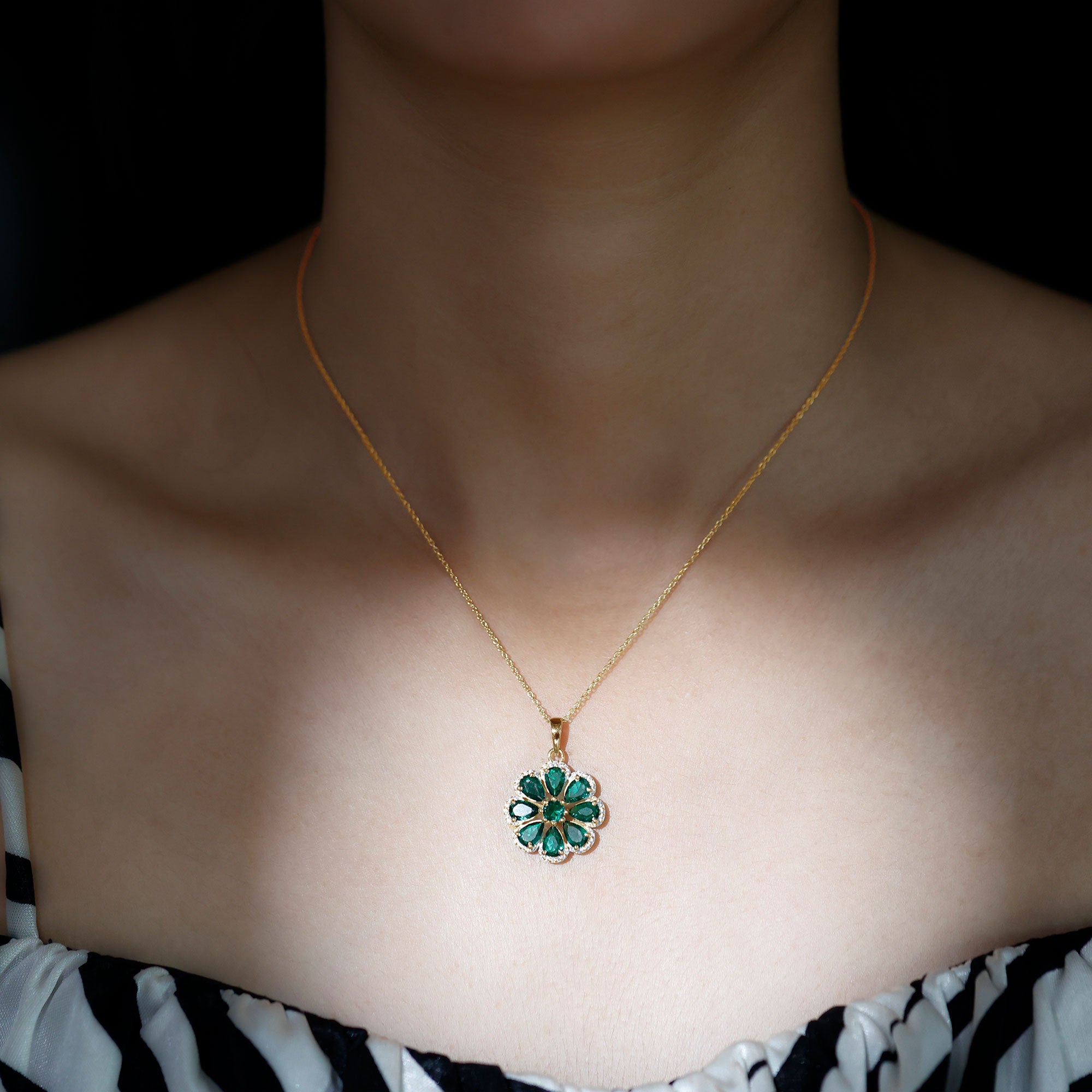 Womens Lab Grown Emerald Flower Necklace with Chain AAAA - Rosec Jewels