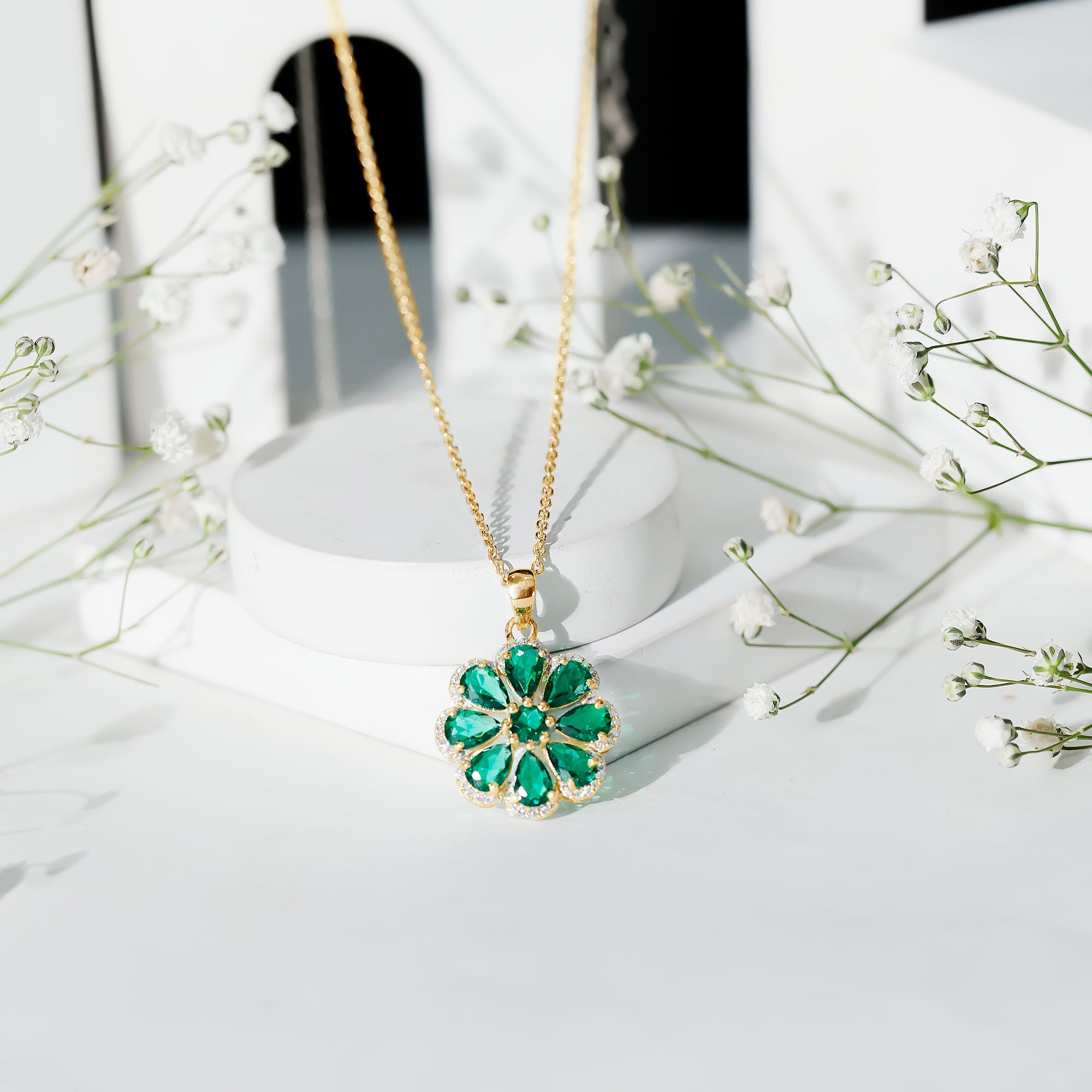 Womens Lab Grown Emerald Flower Necklace with Chain AAAA - Rosec Jewels