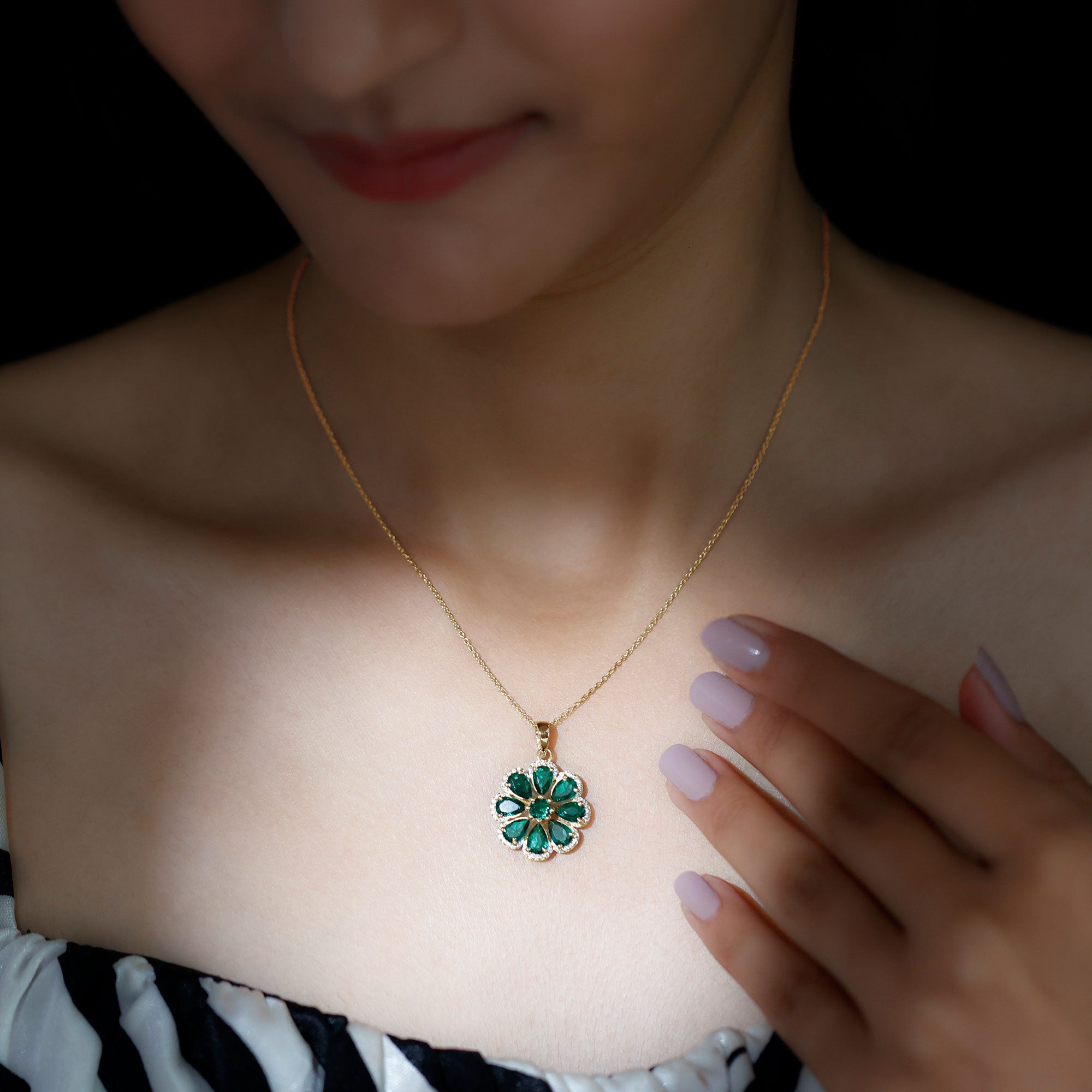 Womens Lab Grown Emerald Flower Necklace with Chain AAAA - Rosec Jewels