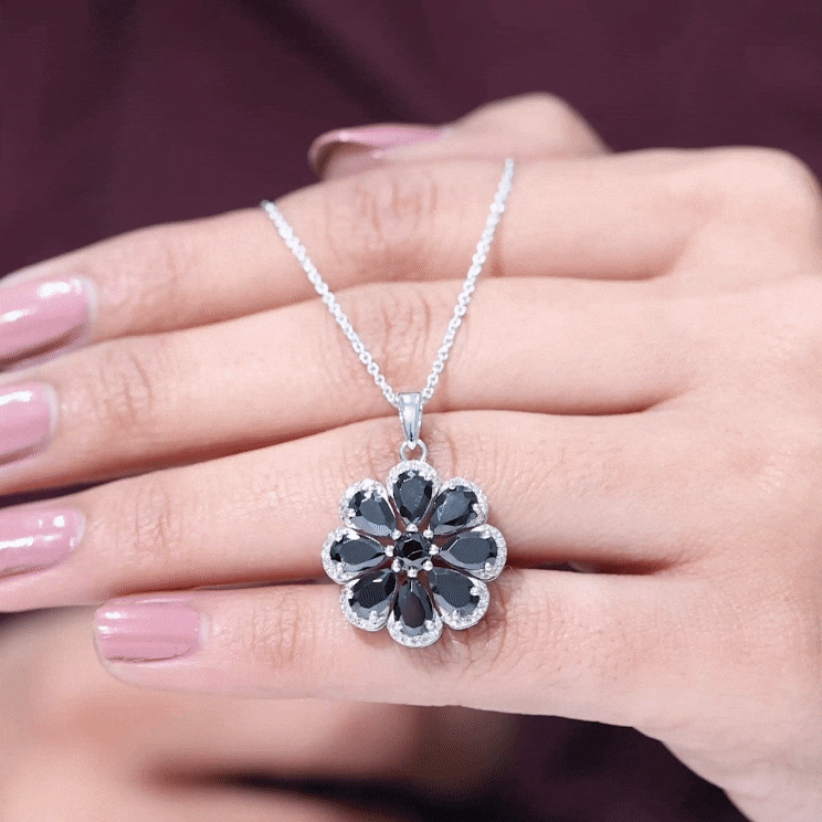 Certified Black Spinel Flower Necklace with Moissanite Halo AAA - Rosec Jewels