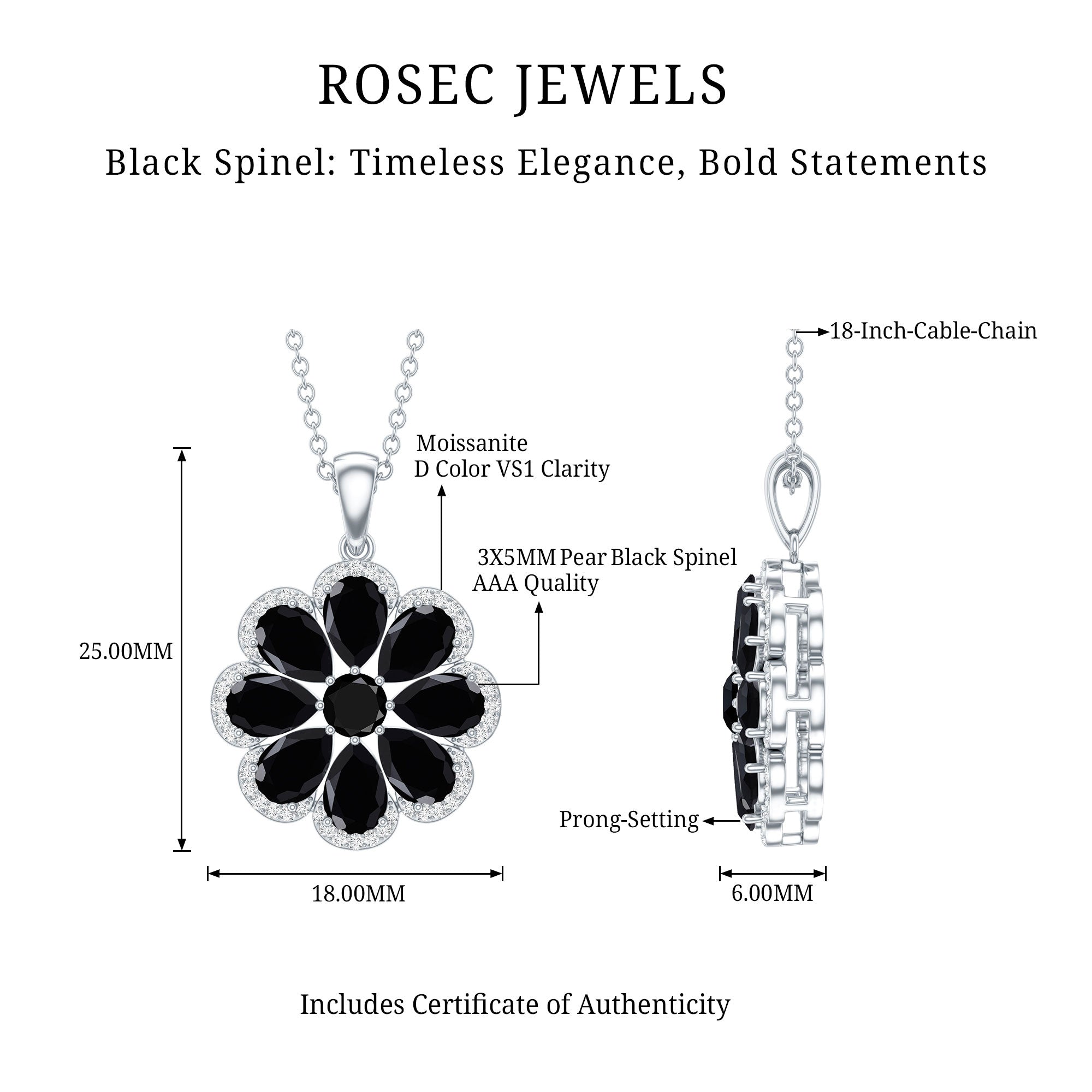 Certified Black Spinel Flower Necklace with Moissanite Halo AAA - Rosec Jewels