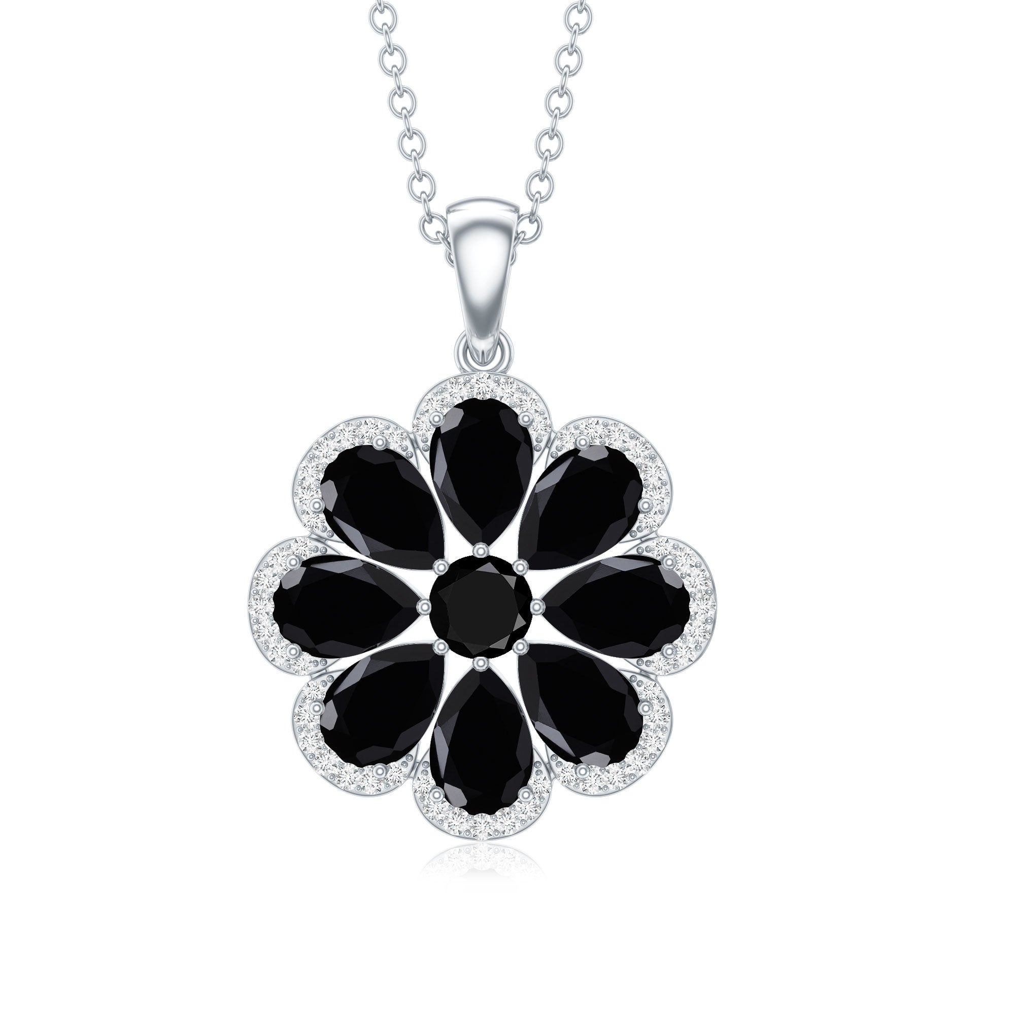 Certified Black Spinel Flower Necklace with Moissanite Halo AAA - Rosec Jewels