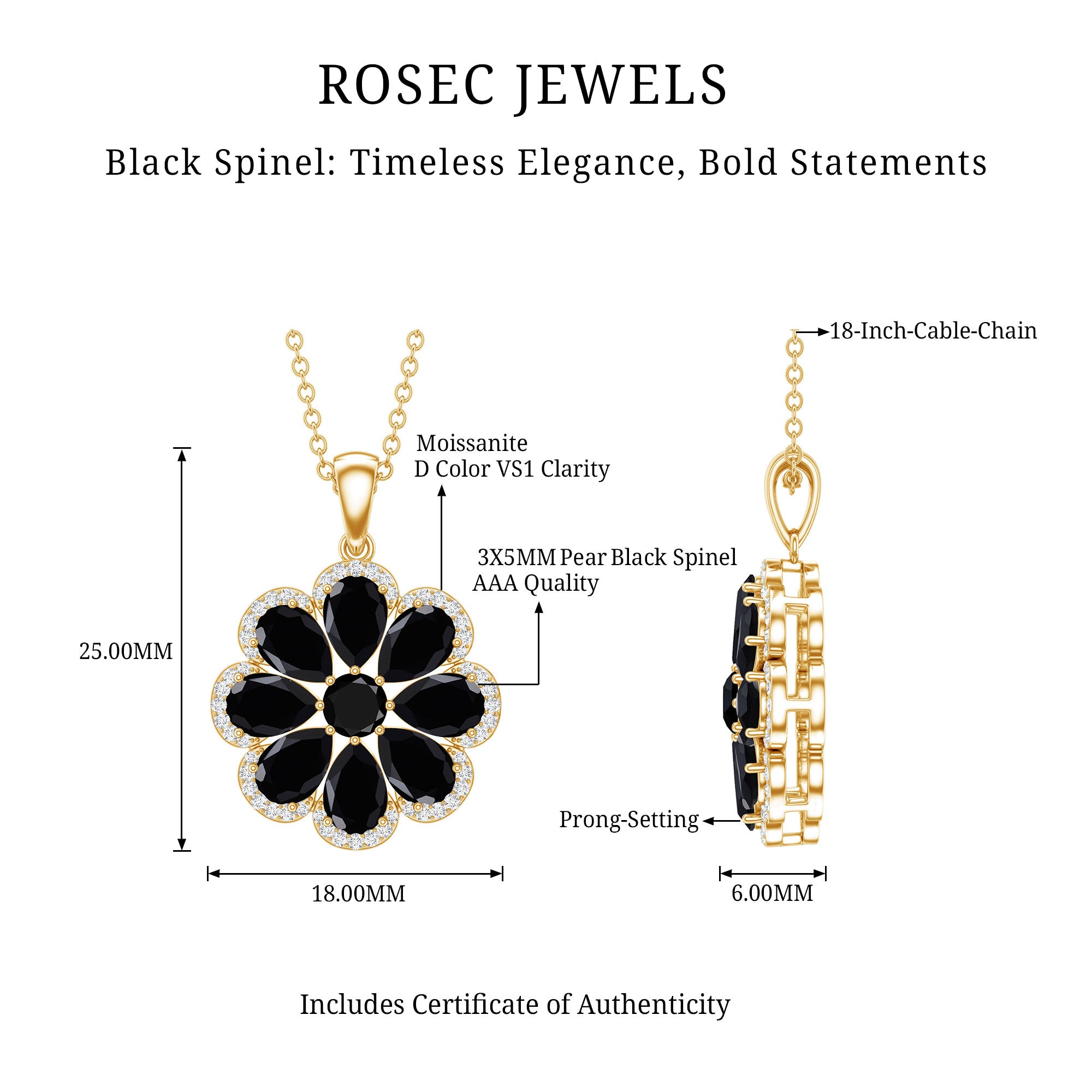 Certified Black Spinel Flower Necklace with Moissanite Halo AAA - Rosec Jewels
