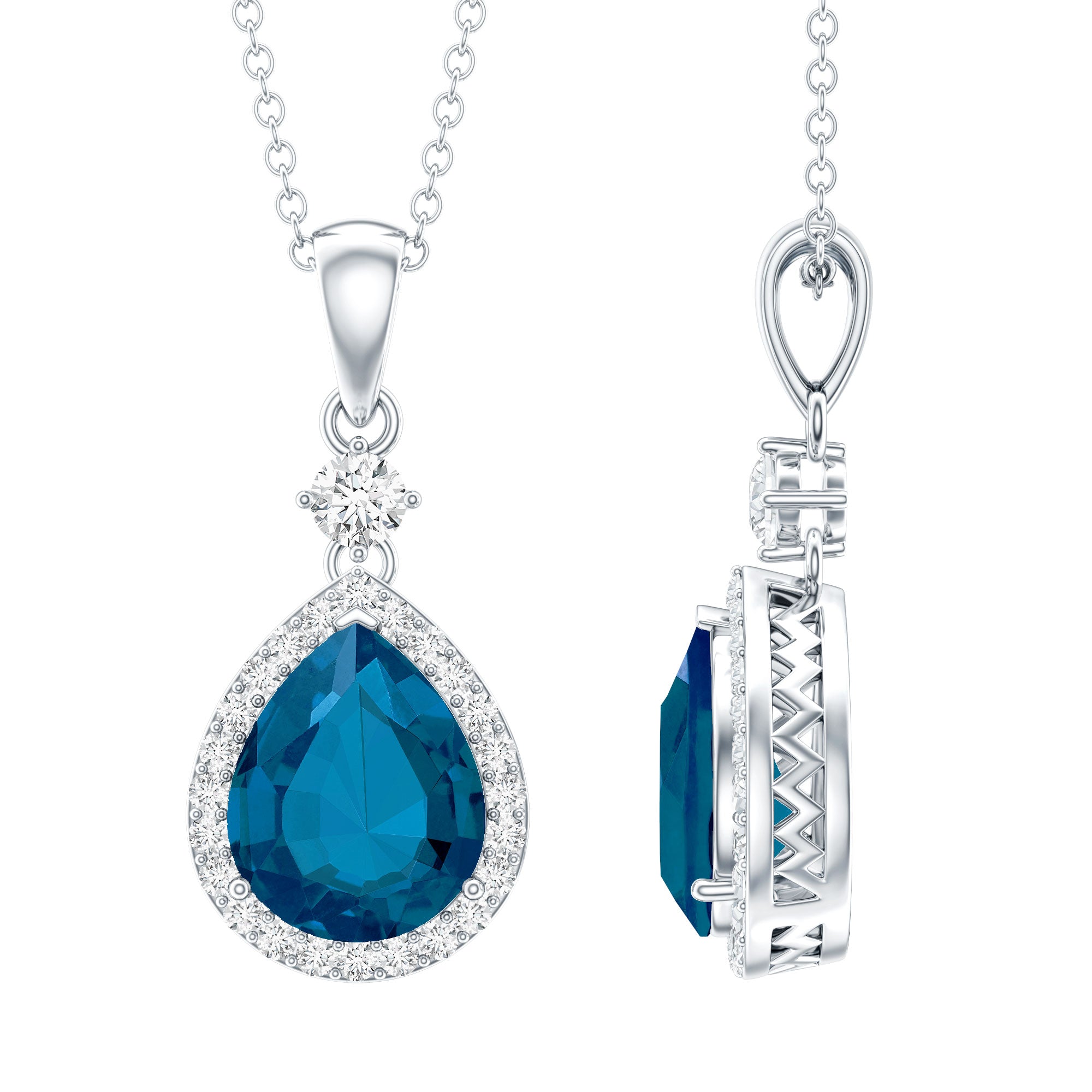 Certified London Blue Topaz Teardrop Necklace with Moissanite Halo