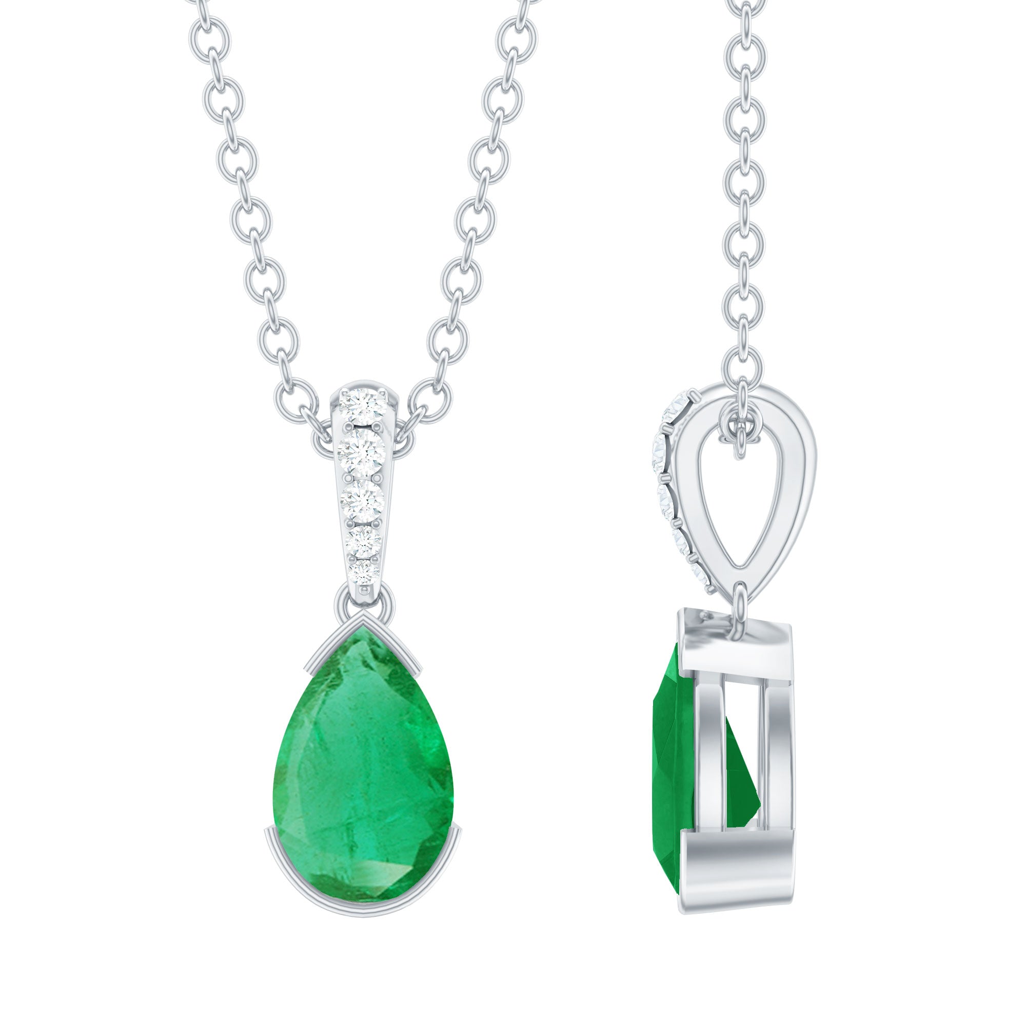 Pear Cut Emerald Solitaire Pendant with Diamond Accent Bail AAA - Rosec Jewels