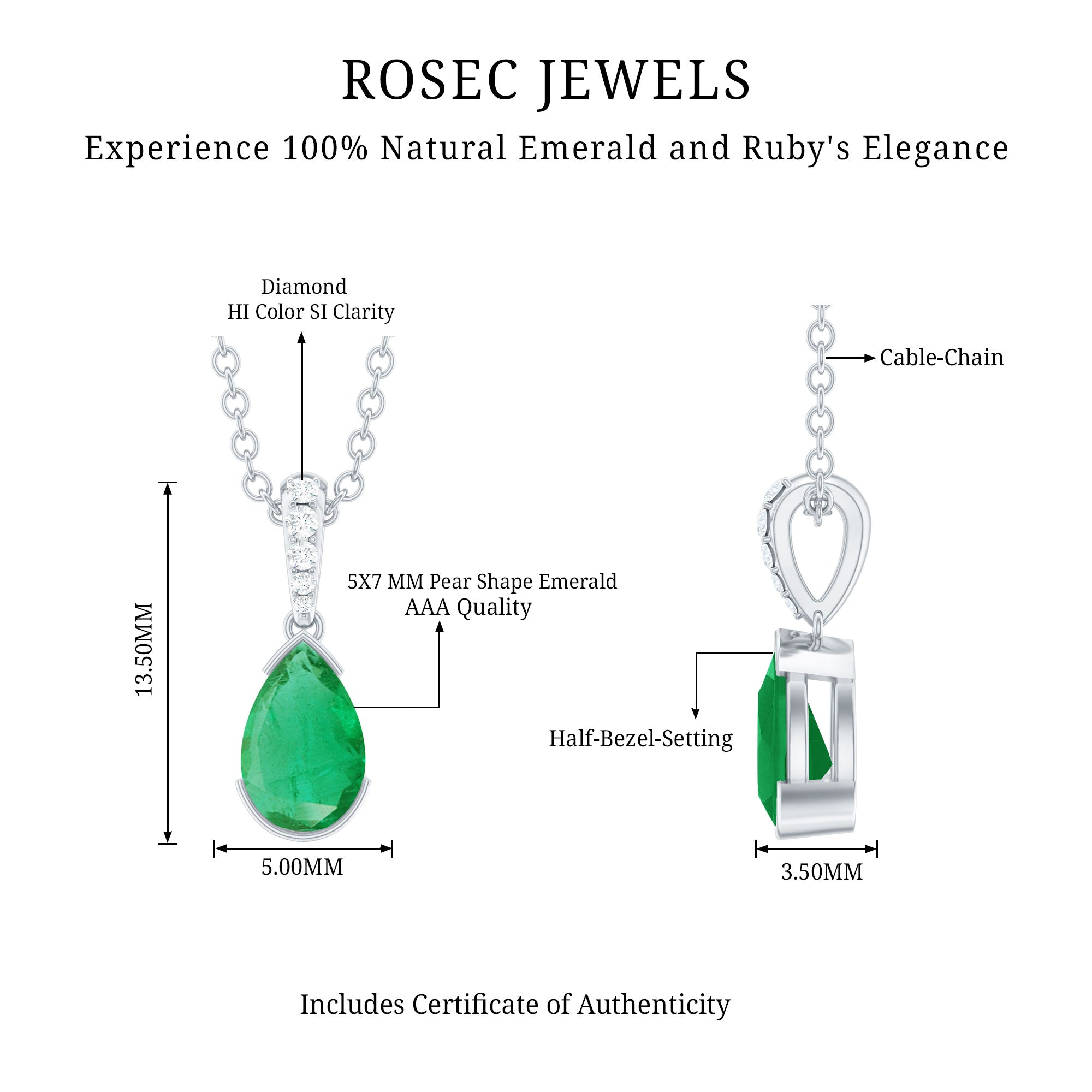 Pear Cut Emerald Solitaire Pendant with Diamond Accent Bail AAA - Rosec Jewels