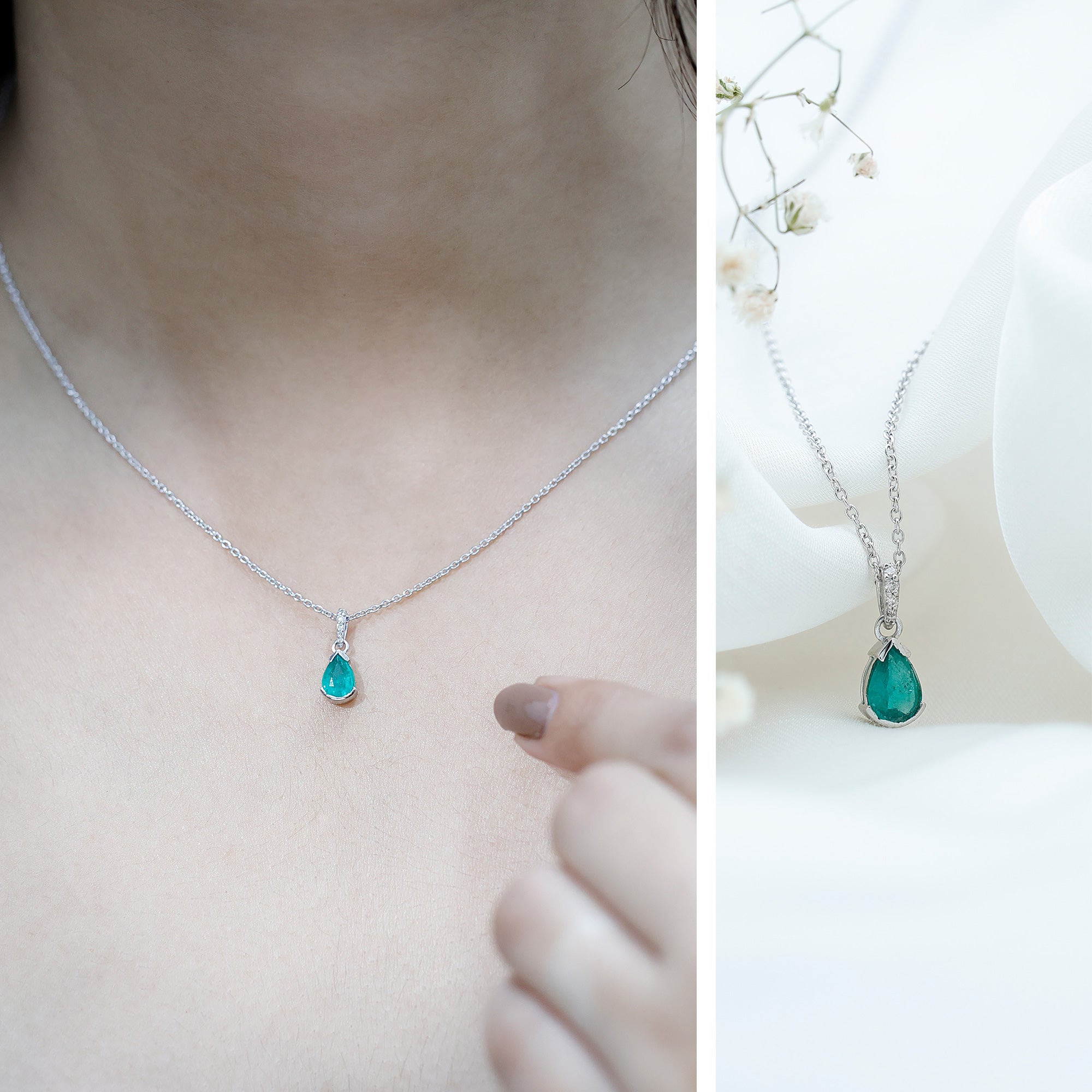 Pear Cut Emerald Solitaire Pendant with Diamond Accent Bail AAA - Rosec Jewels