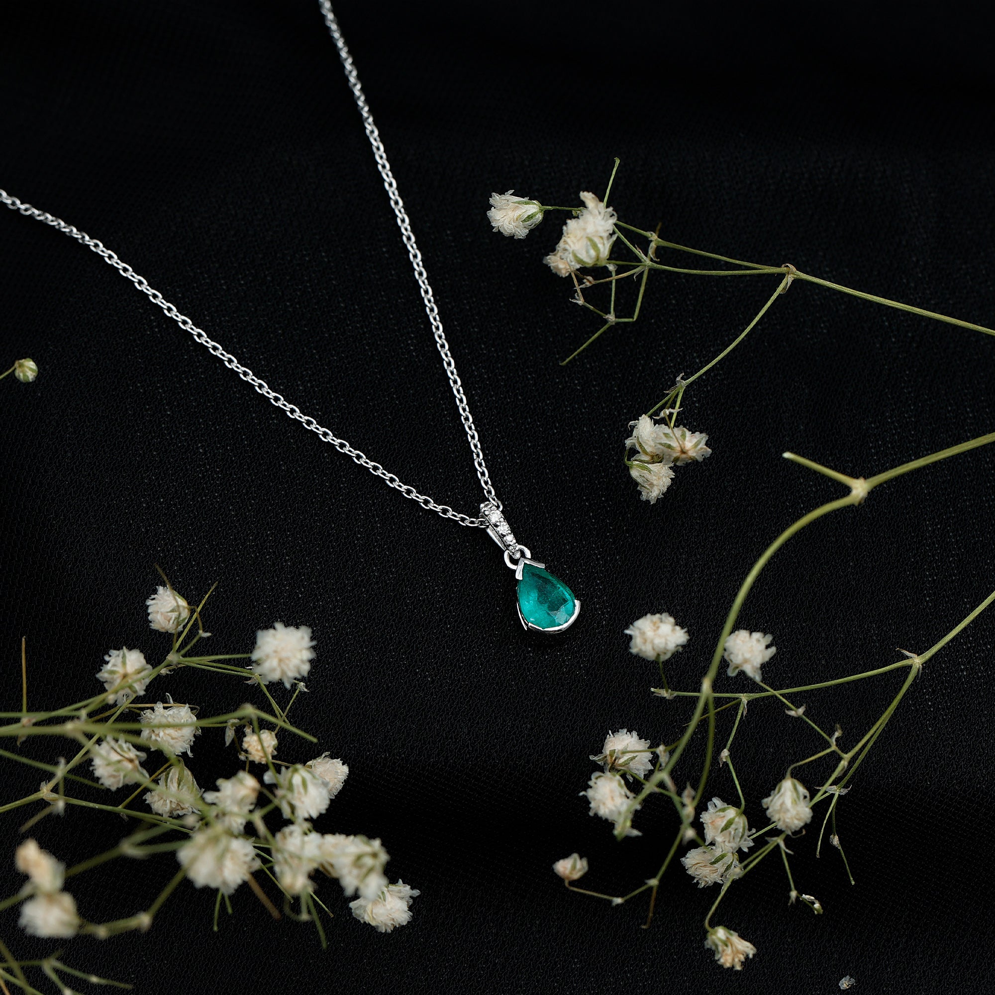 Pear Cut Emerald Solitaire Pendant with Diamond Accent Bail AAA - Rosec Jewels