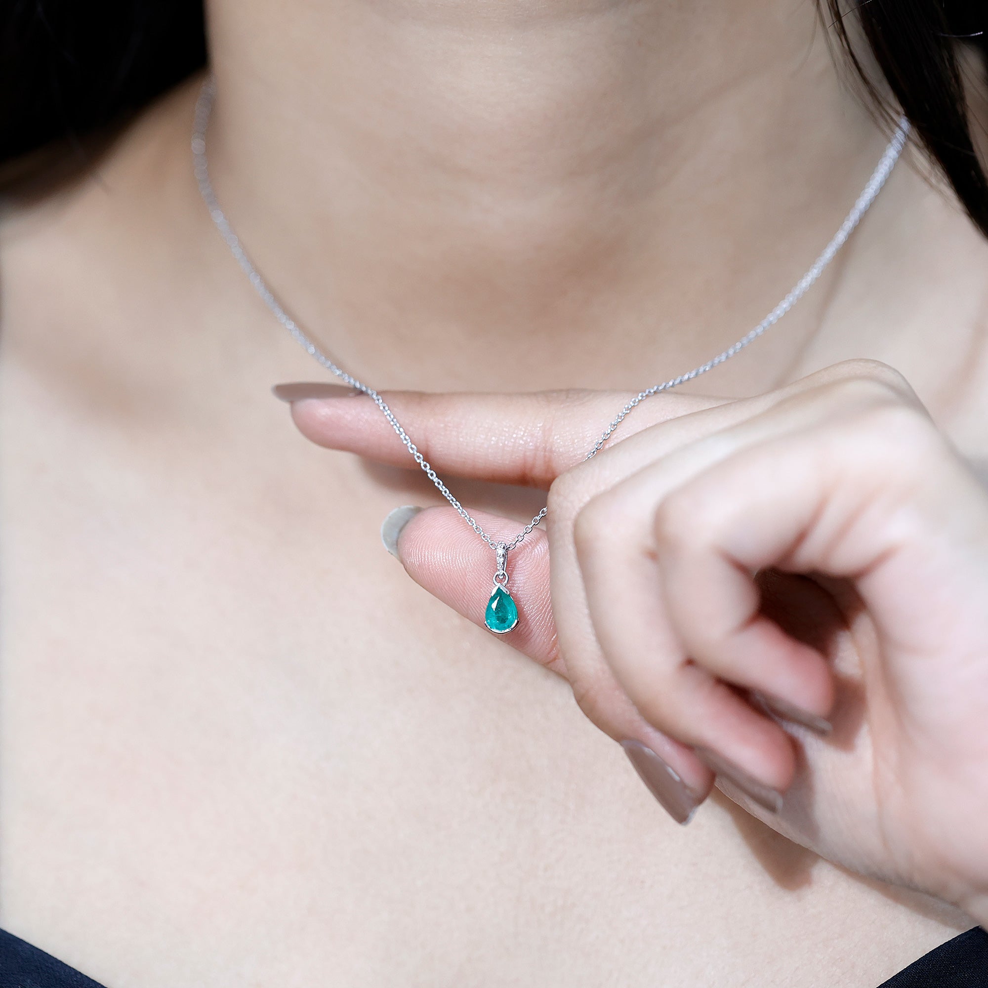 Pear Cut Emerald Solitaire Pendant with Diamond Accent Bail AAA - Rosec Jewels