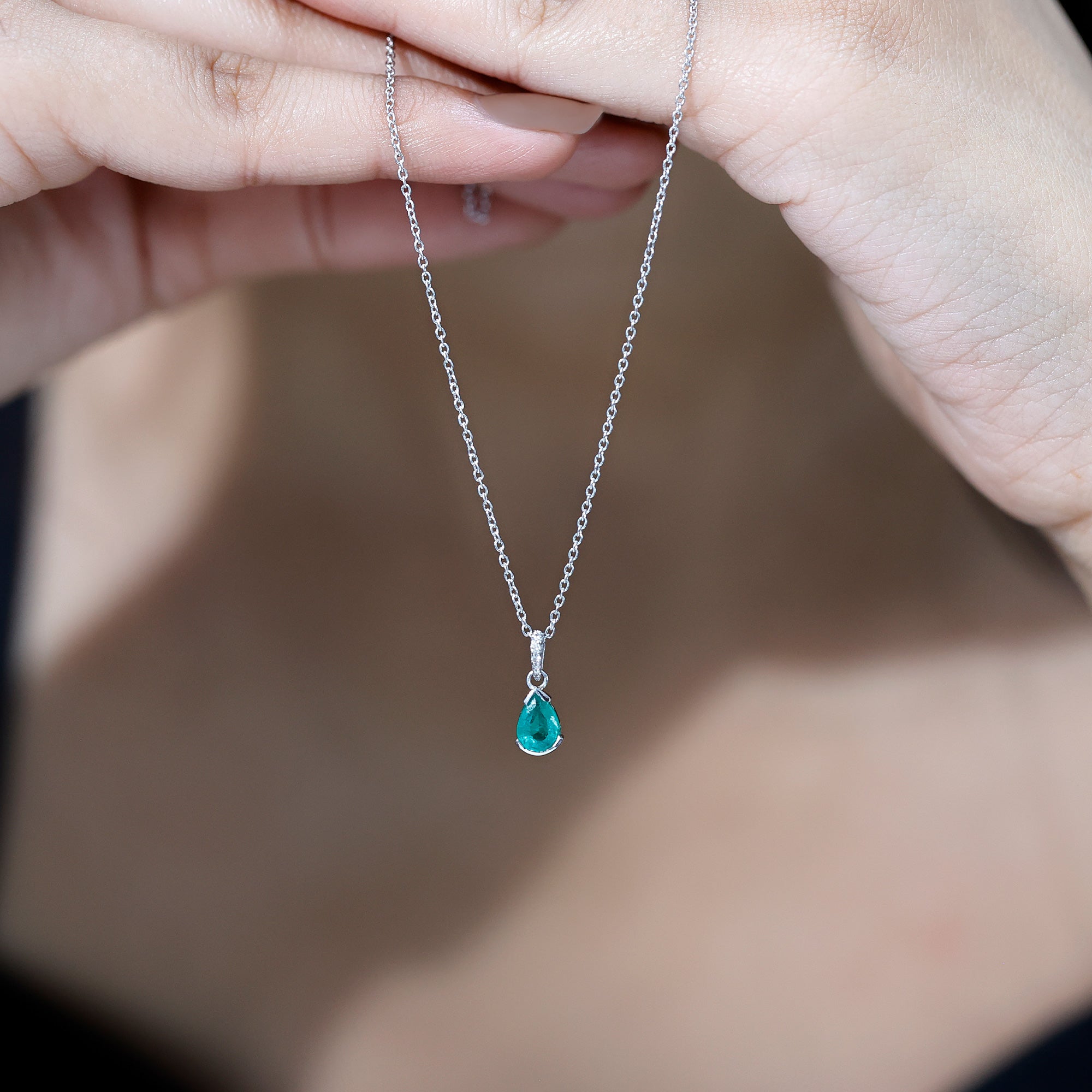 Pear Cut Emerald Solitaire Pendant with Diamond Accent Bail AAA - Rosec Jewels