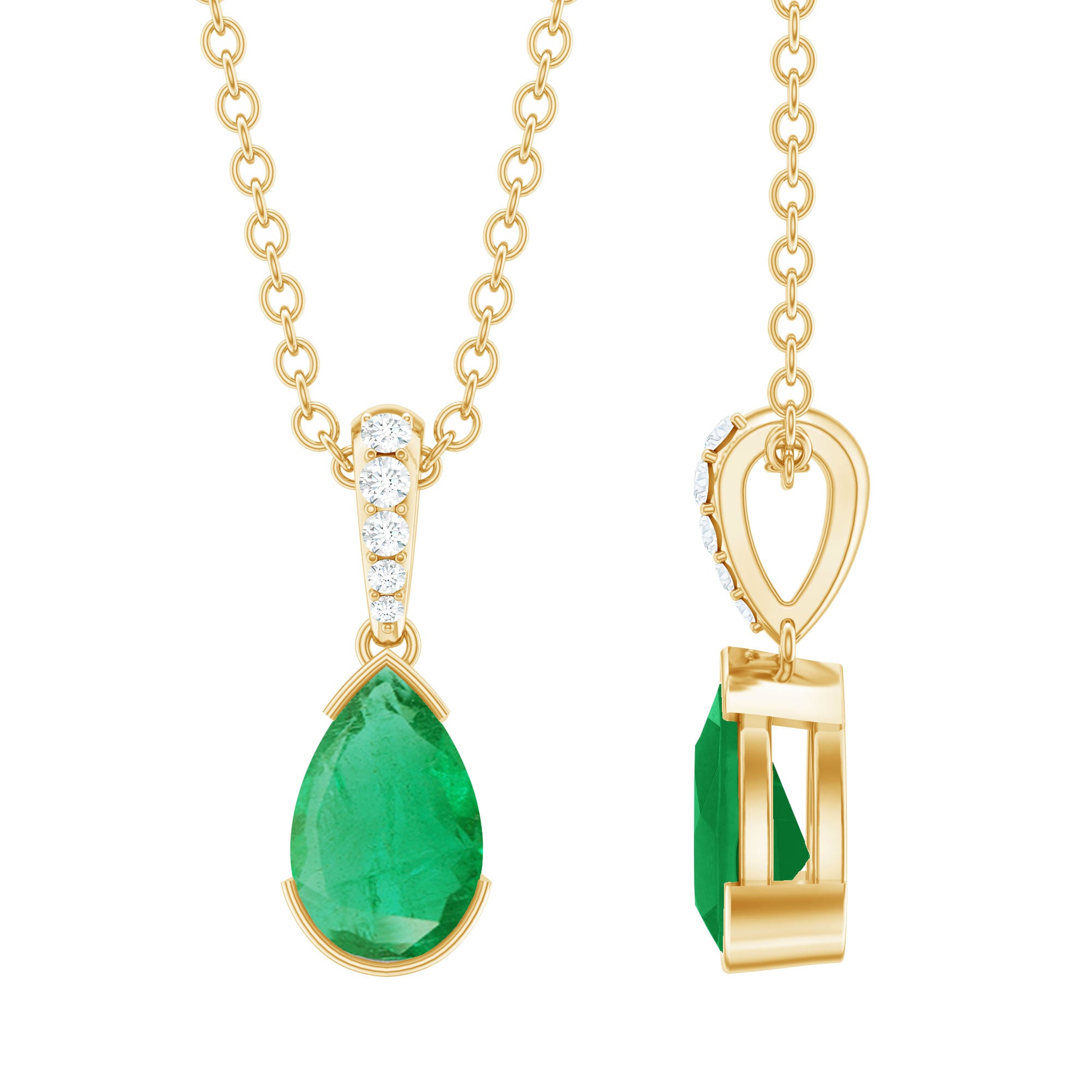 Pear Cut Emerald Solitaire Pendant with Diamond Accent Bail AAA - Rosec Jewels