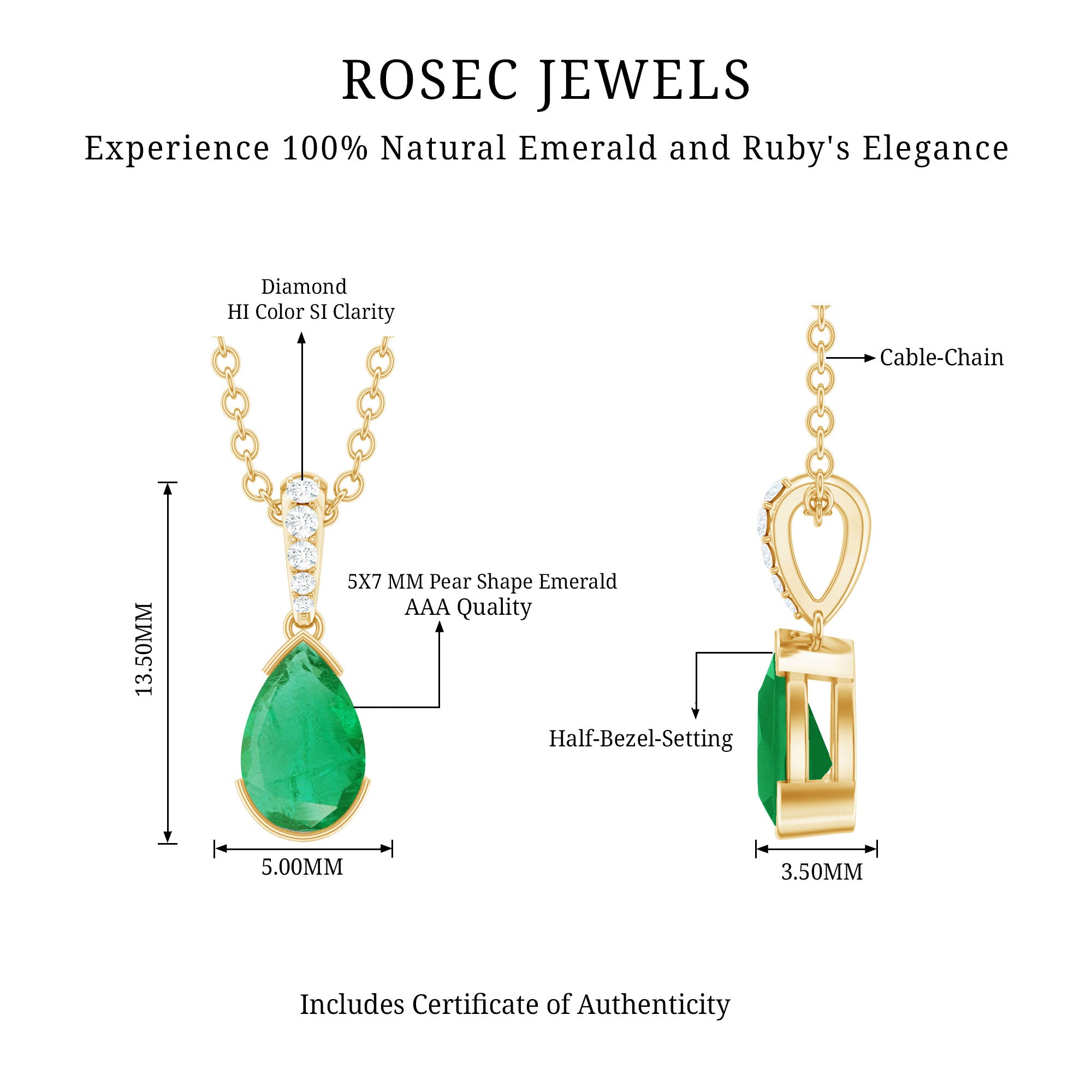 Pear Cut Emerald Solitaire Pendant with Diamond Accent Bail AAA - Rosec Jewels