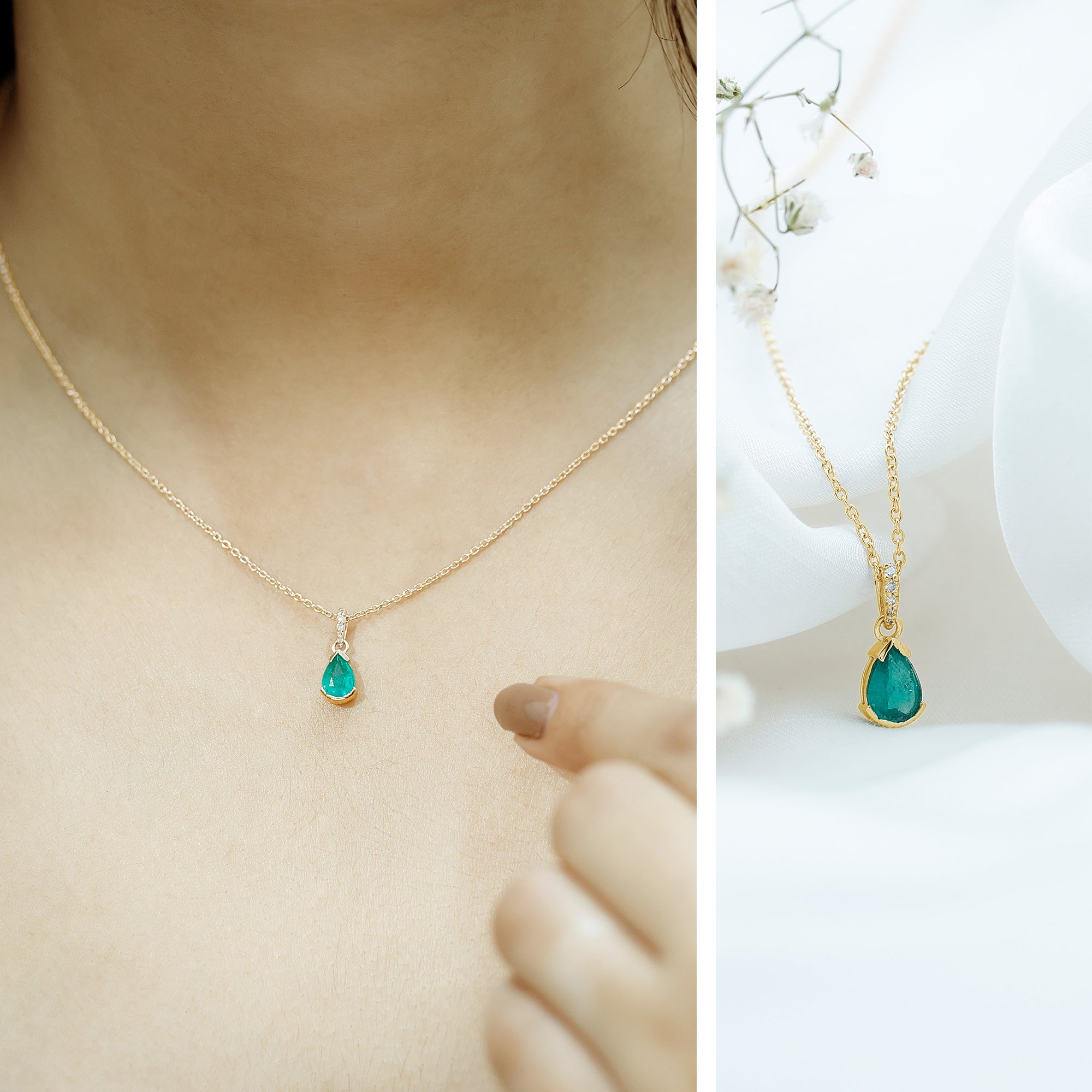 Pear Cut Emerald Solitaire Pendant with Diamond Accent Bail AAA - Rosec Jewels