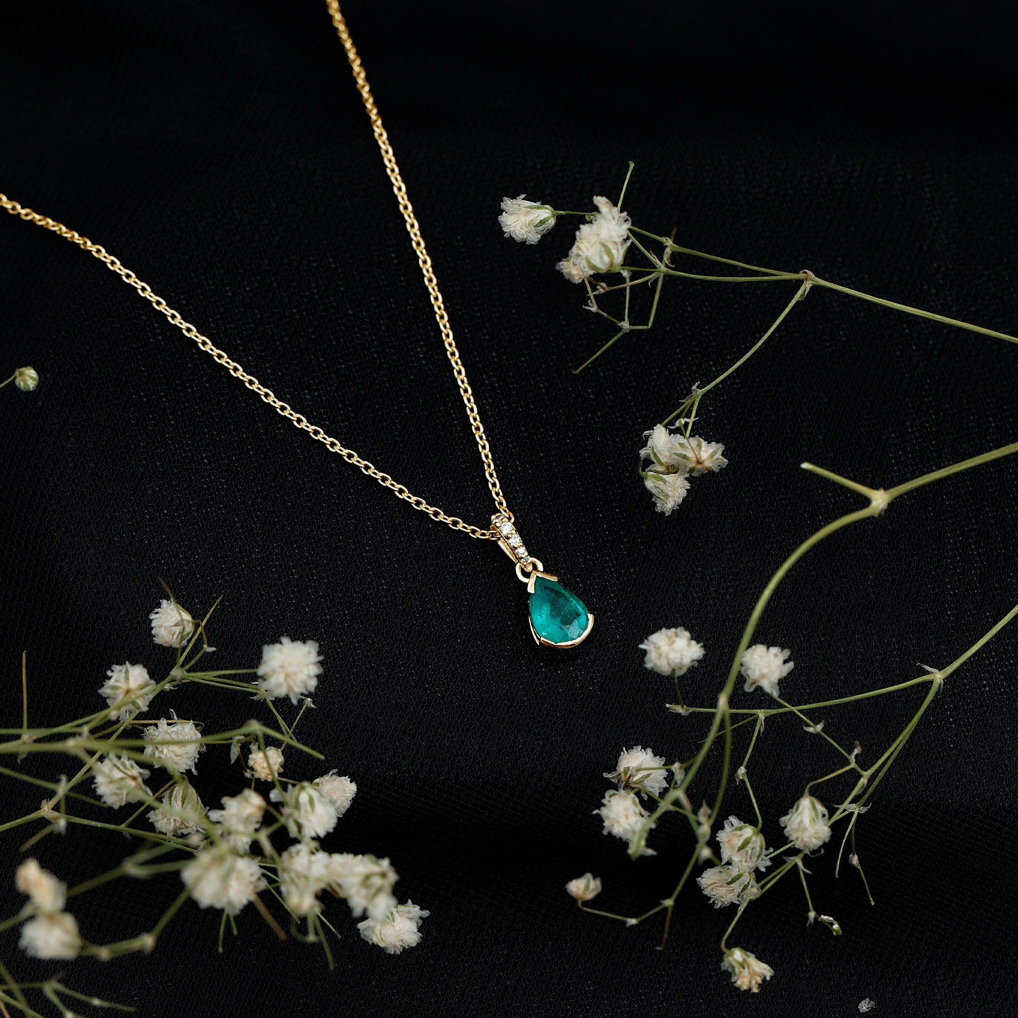 Pear Cut Emerald Solitaire Pendant with Diamond Accent Bail AAA - Rosec Jewels