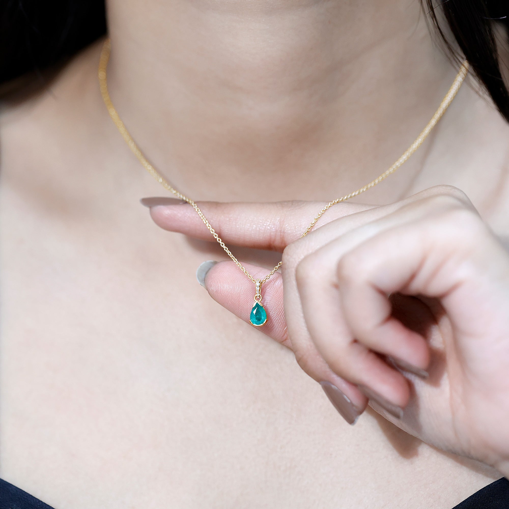 Pear Cut Emerald Solitaire Pendant with Diamond Accent Bail AAA - Rosec Jewels