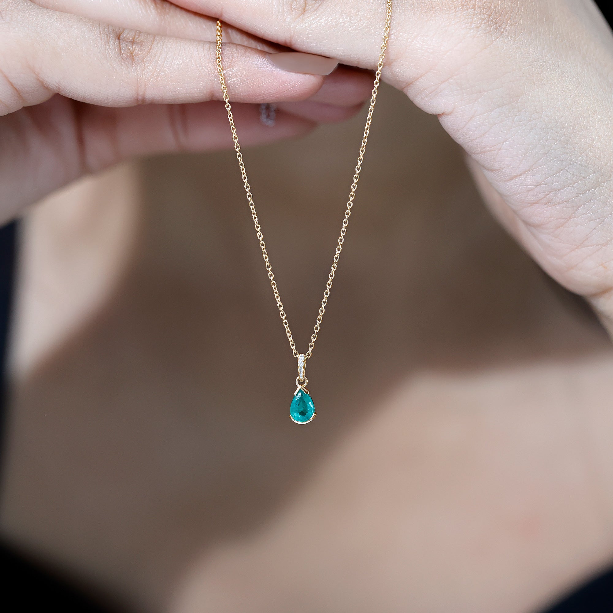 Pear Cut Emerald Solitaire Pendant with Diamond Accent Bail AAA - Rosec Jewels
