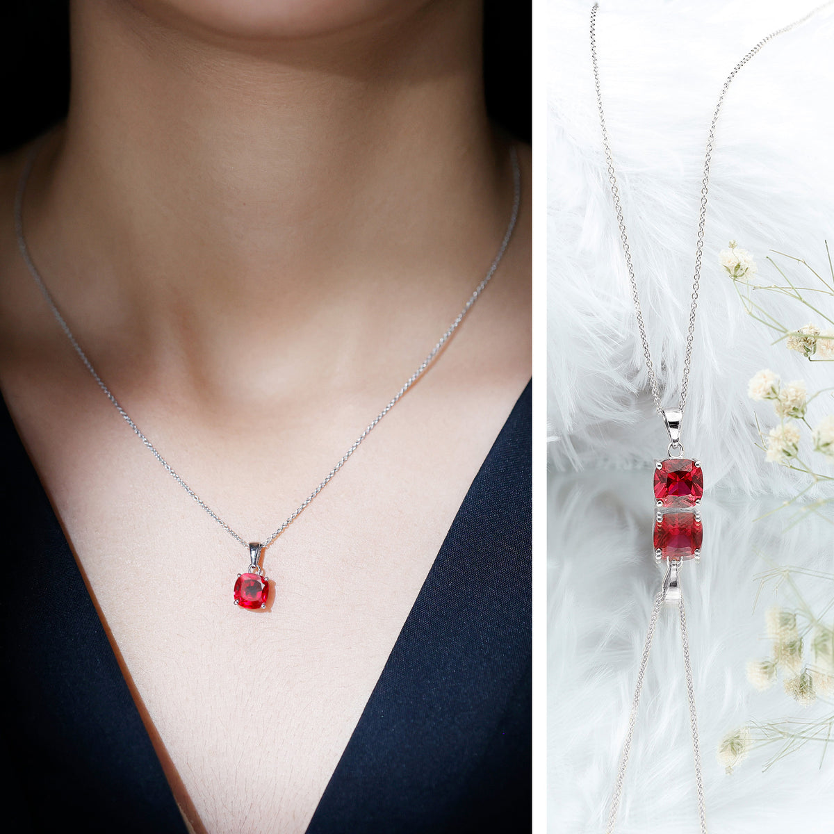 2 Carat Lab Created Ruby Solitaire Necklace With Chain AAAA - Rosec Jewels