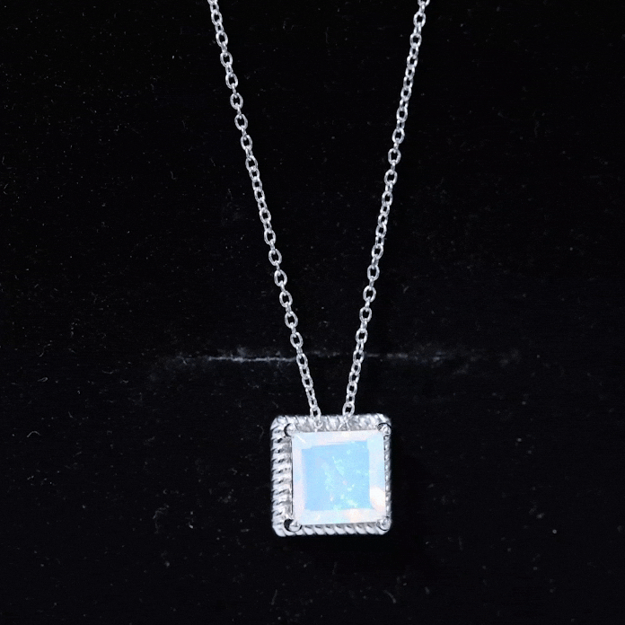 7 MM Princess Cut Ethiopian Opal Solitaire Necklace with Rope Frame AAA - Rosec Jewels