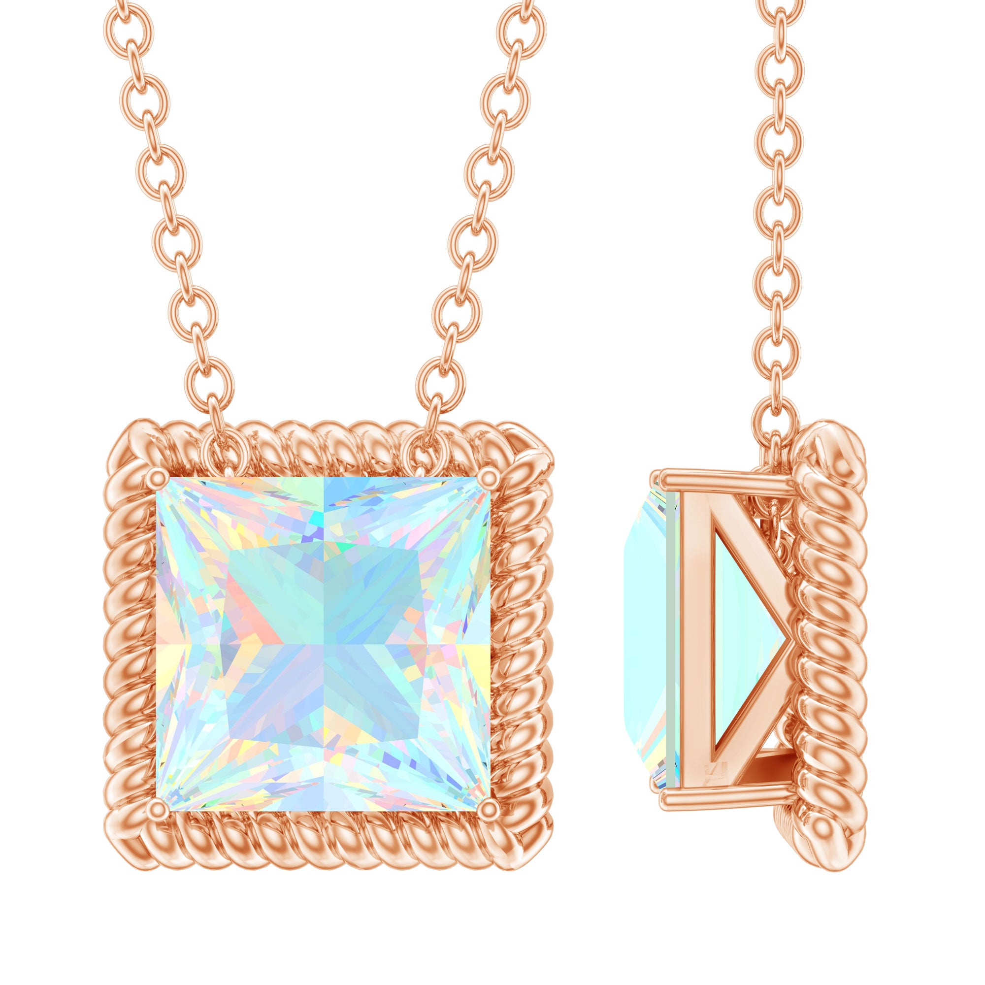 7 MM Princess Cut Ethiopian Opal Solitaire Necklace with Rope Frame AAA - Rosec Jewels