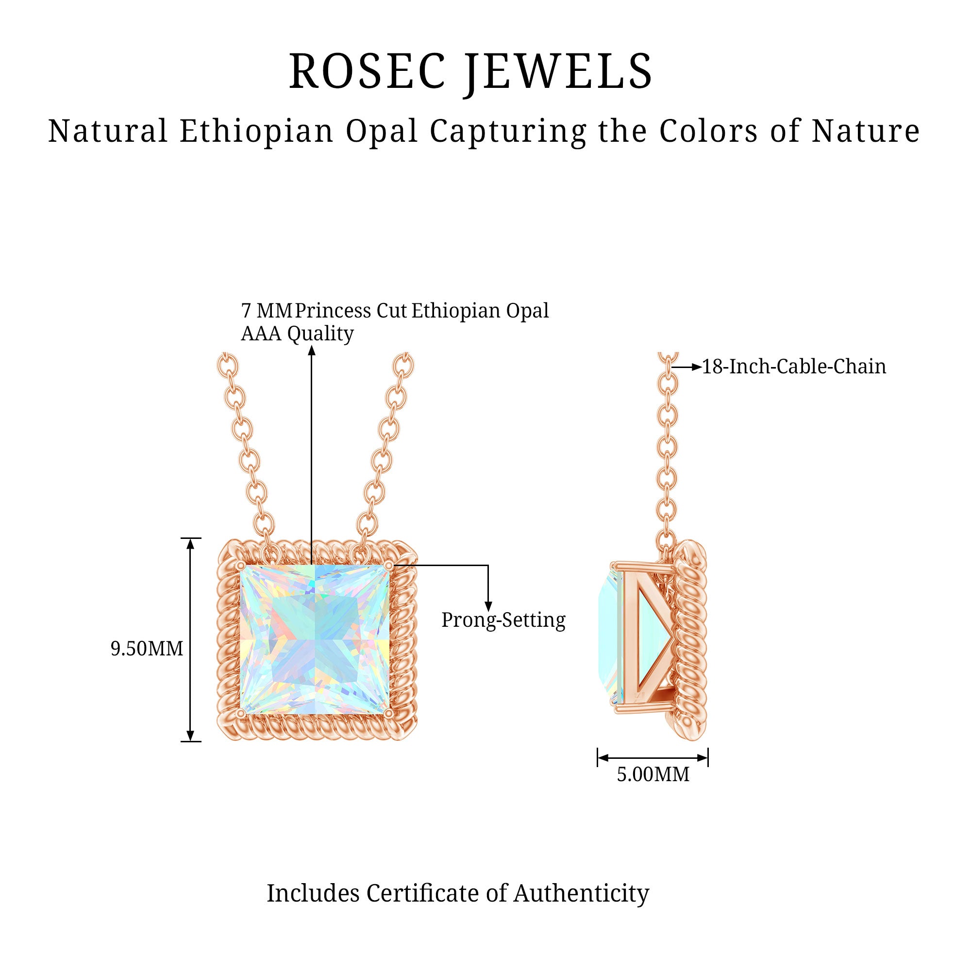 7 MM Princess Cut Ethiopian Opal Solitaire Necklace with Rope Frame AAA - Rosec Jewels