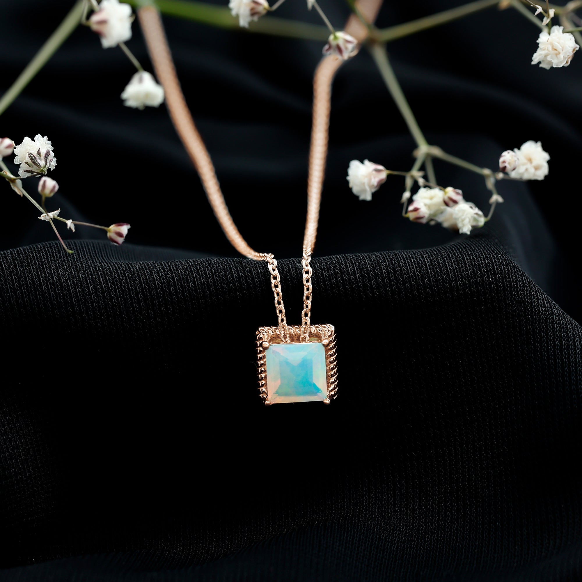 7 MM Princess Cut Ethiopian Opal Solitaire Necklace with Rope Frame AAA - Rosec Jewels