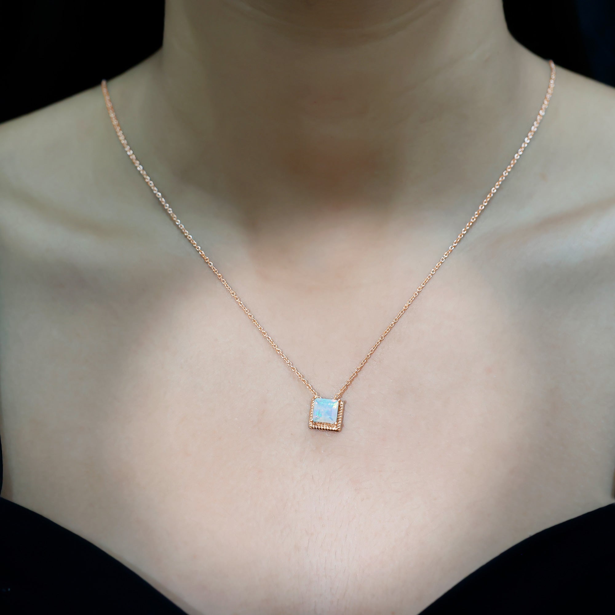 7 MM Princess Cut Ethiopian Opal Solitaire Necklace with Rope Frame AAA - Rosec Jewels