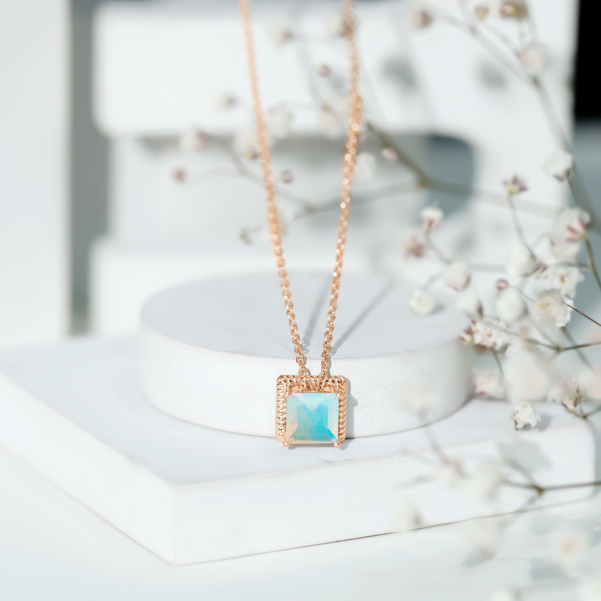7 MM Princess Cut Ethiopian Opal Solitaire Necklace with Rope Frame AAA - Rosec Jewels