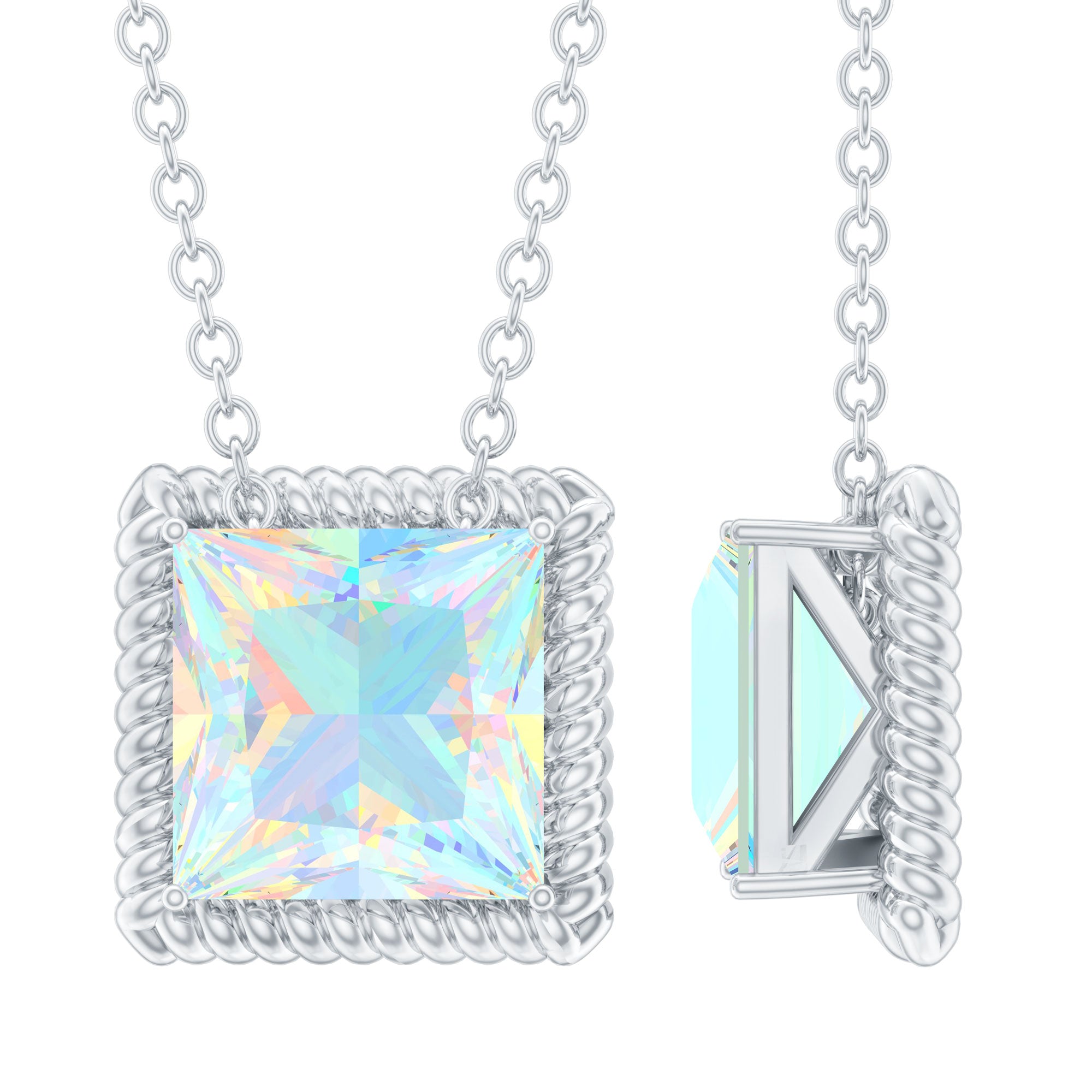 7 MM Princess Cut Ethiopian Opal Solitaire Necklace with Rope Frame AAA - Rosec Jewels