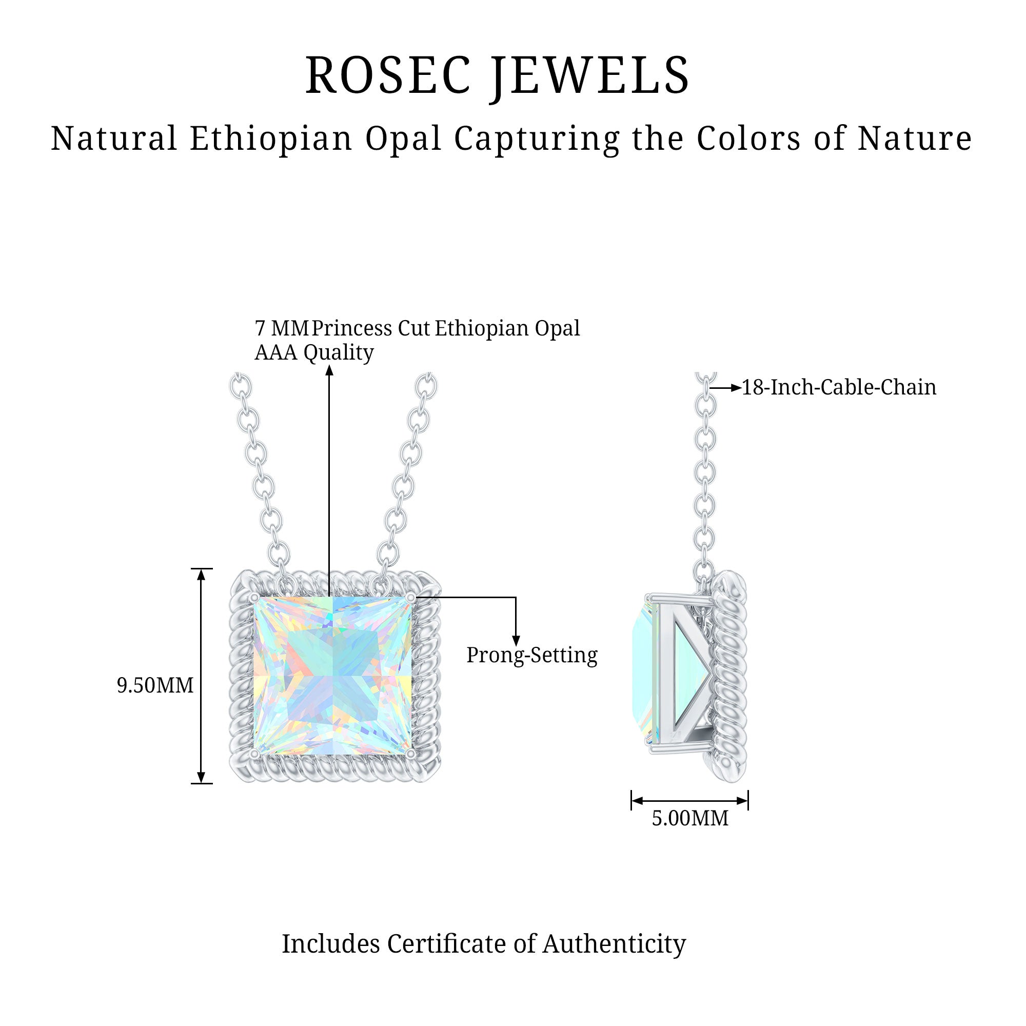 7 MM Princess Cut Ethiopian Opal Solitaire Necklace with Rope Frame AAA - Rosec Jewels