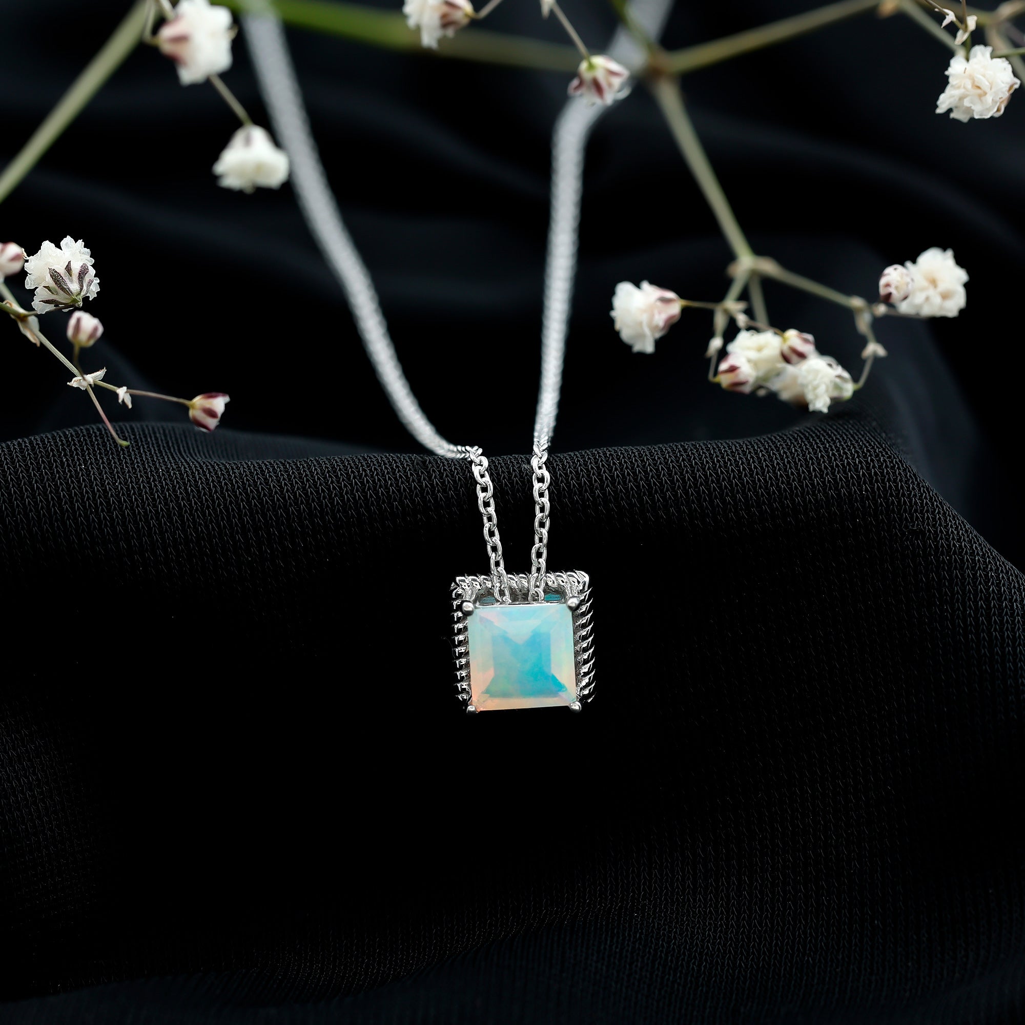 7 MM Princess Cut Ethiopian Opal Solitaire Necklace with Rope Frame AAA - Rosec Jewels