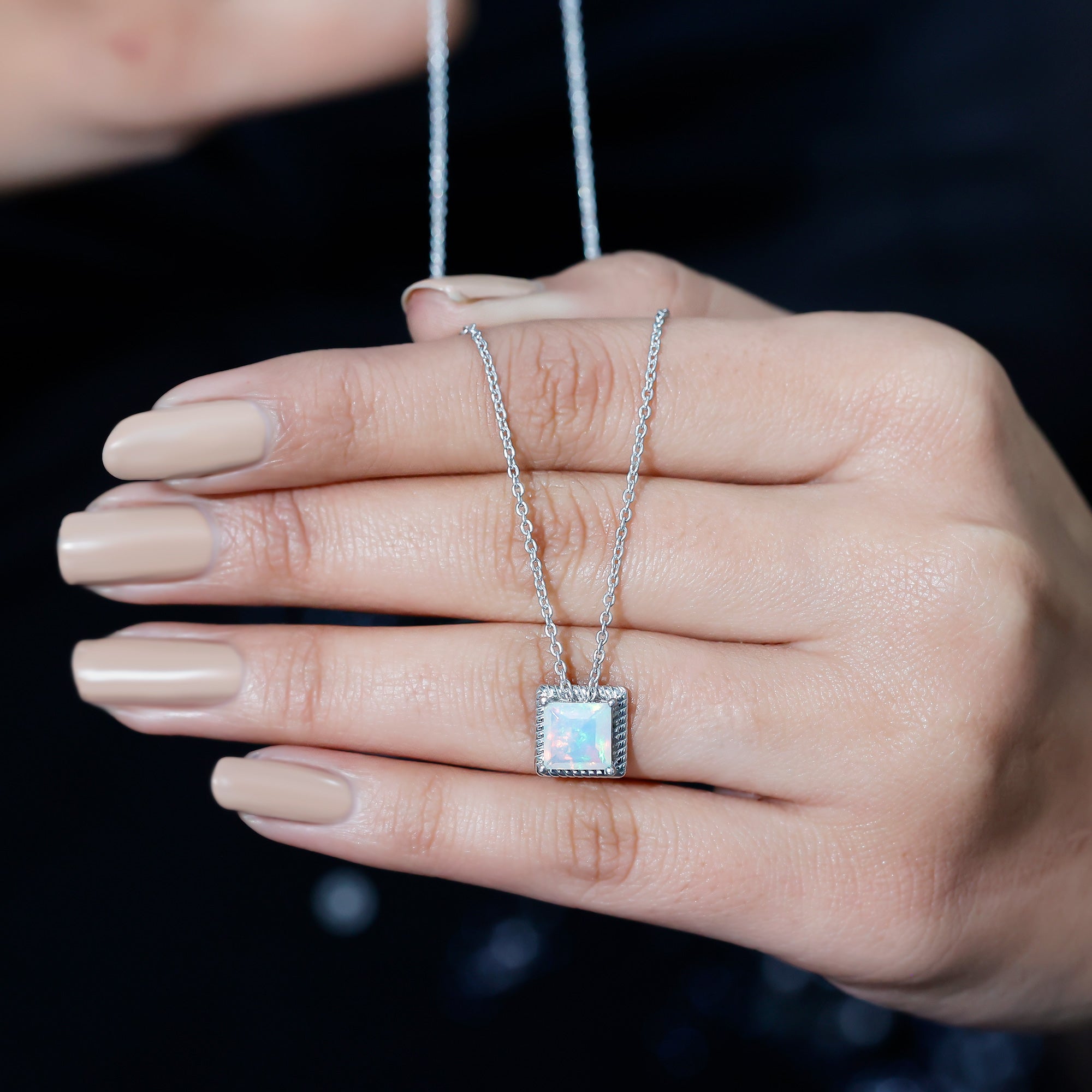 7 MM Princess Cut Ethiopian Opal Solitaire Necklace with Rope Frame AAA - Rosec Jewels