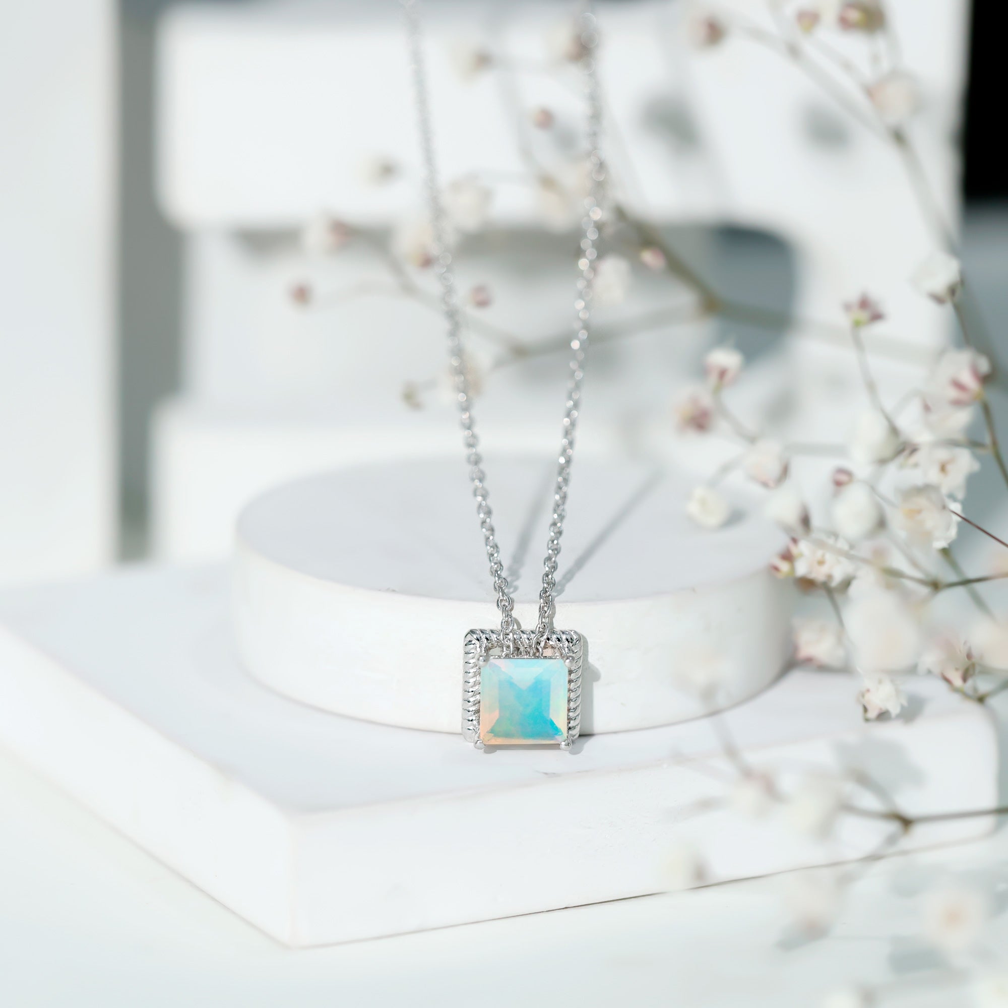 7 MM Princess Cut Ethiopian Opal Solitaire Necklace with Rope Frame AAA - Rosec Jewels