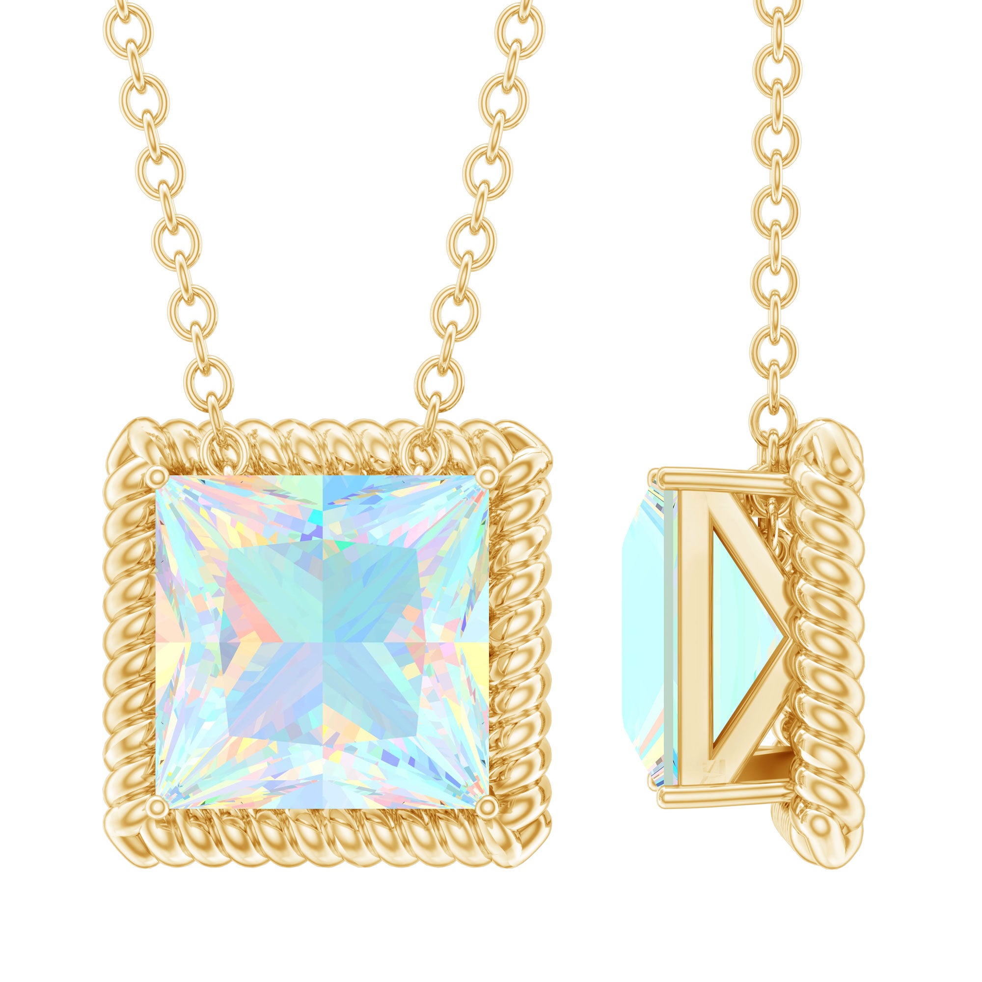 7 MM Princess Cut Ethiopian Opal Solitaire Necklace with Rope Frame AAA - Rosec Jewels